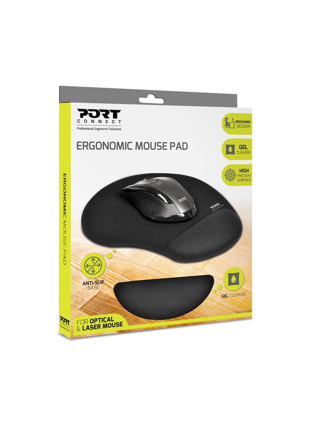 Tapis de souris ergonomique avec coussin en gel noir et support poignet, emballé avec une souris.