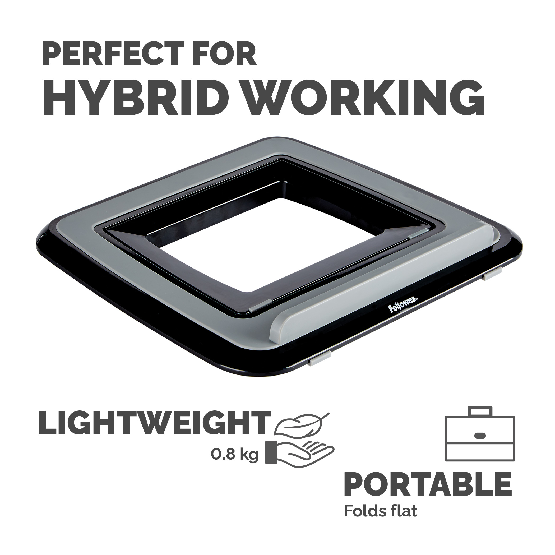 Czarne, szare kwadratowe urządzenie z tekstem: idealne do pracy hybrydowej, lekkie, przenośne.