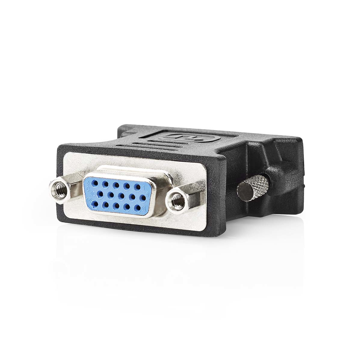 Zwarte DB9-connector met blauwe pen-gaten, twee schroeven en zwart plastic.