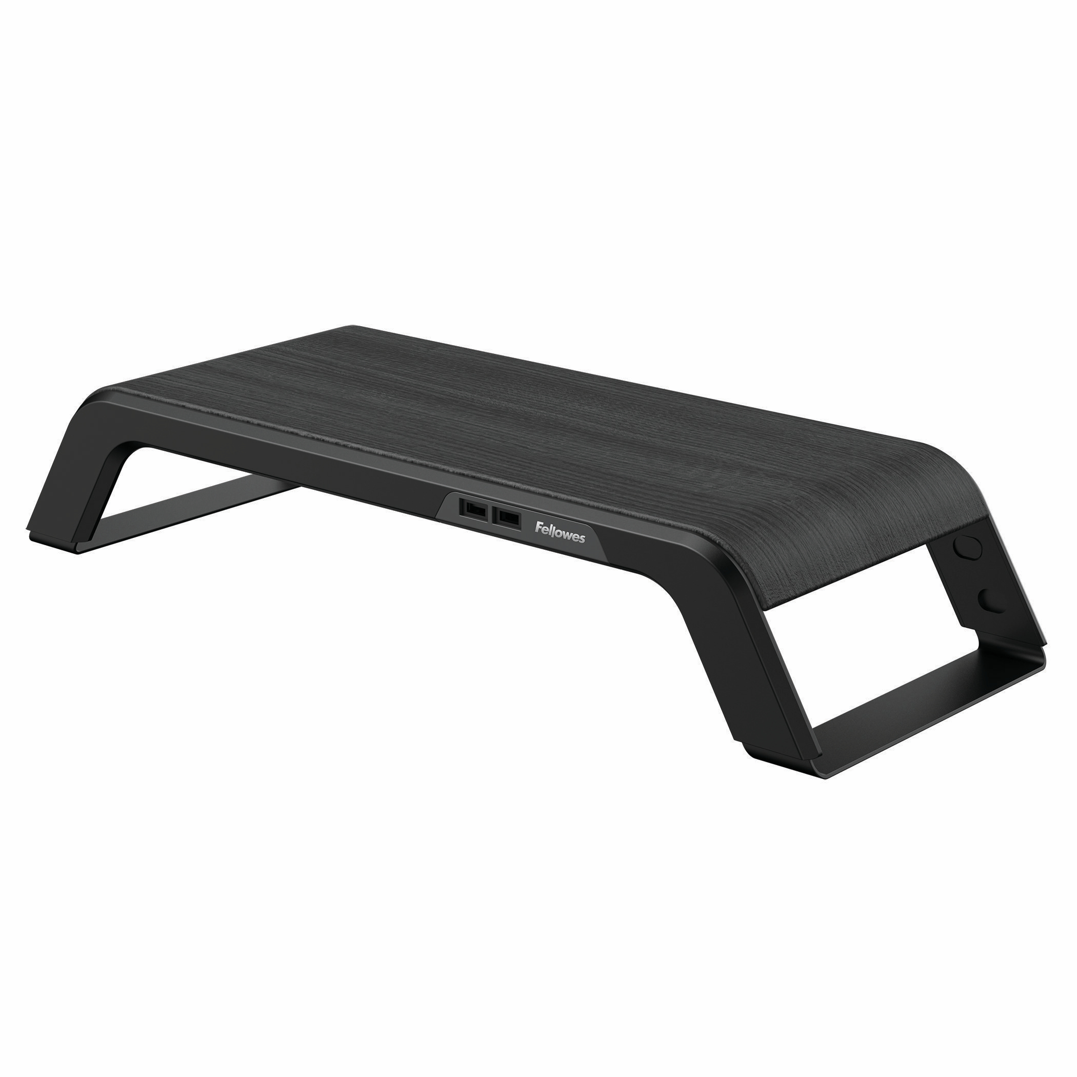 Czarny stojak na laptopa z wykończeniem imitującym drewno i dwoma portami USB.