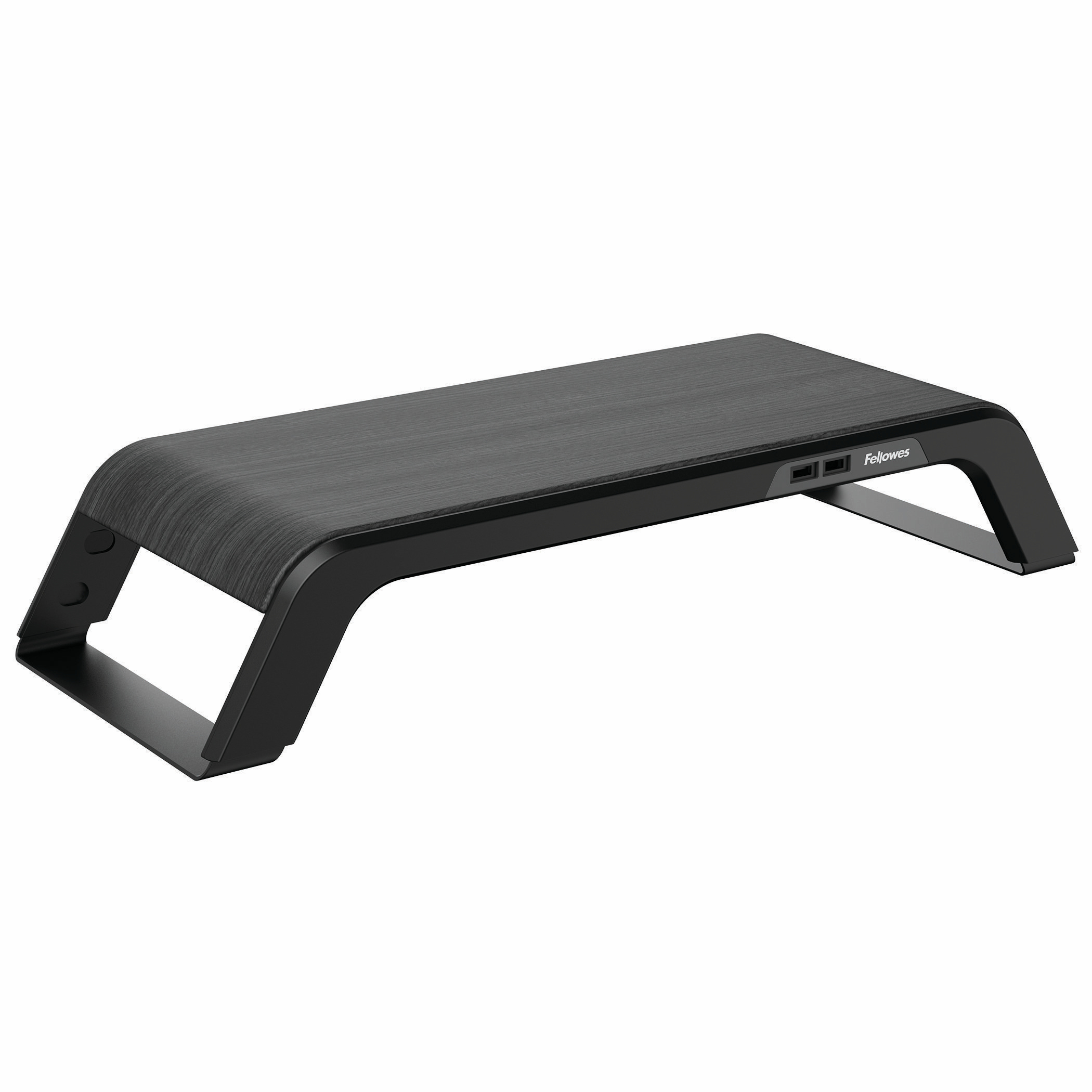 Czarny stojak na monitor z drewnianym blatem i portami USB.