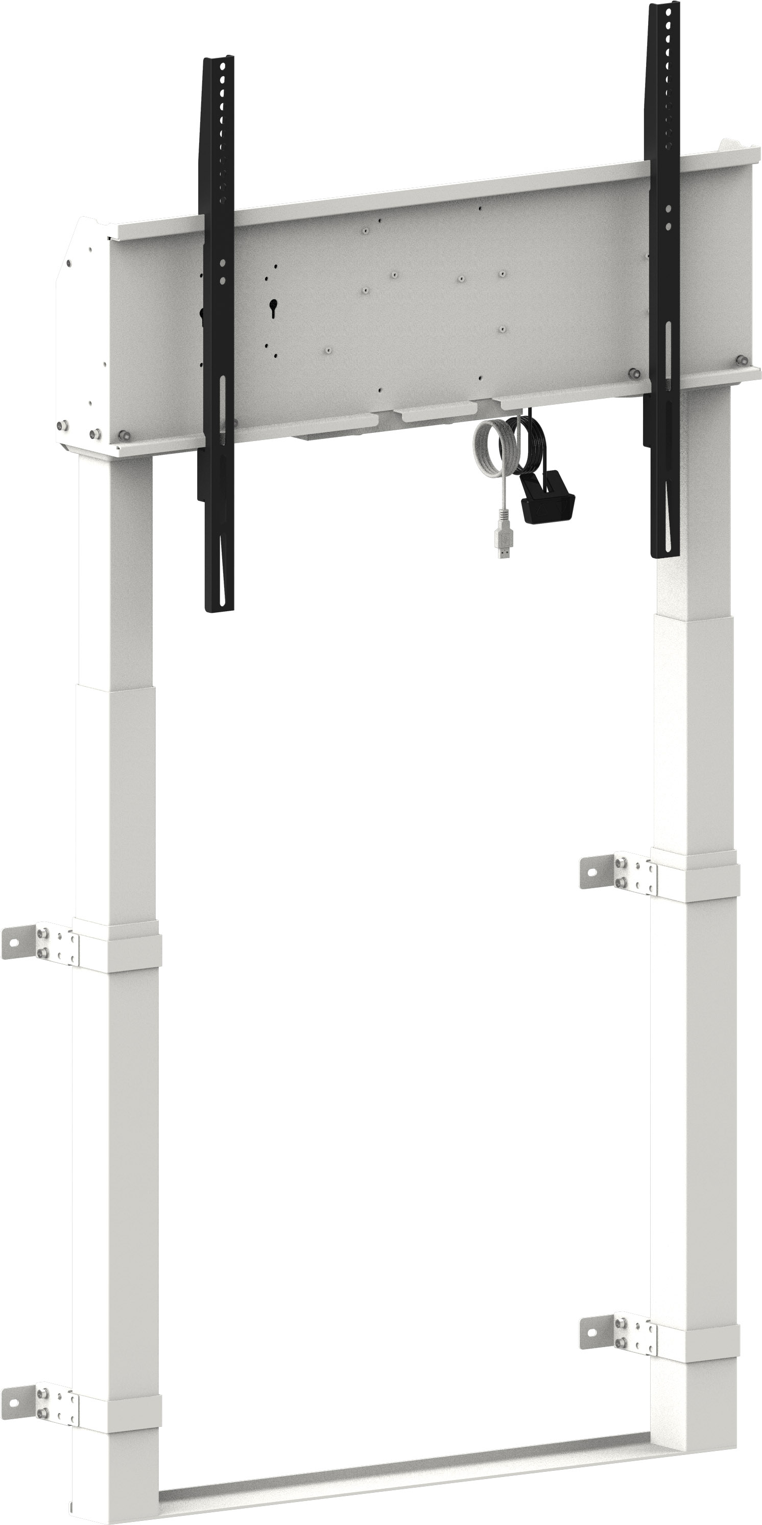Supporto TV bianco su sfondo bianco. Design moderno con staffe di montaggio nere.