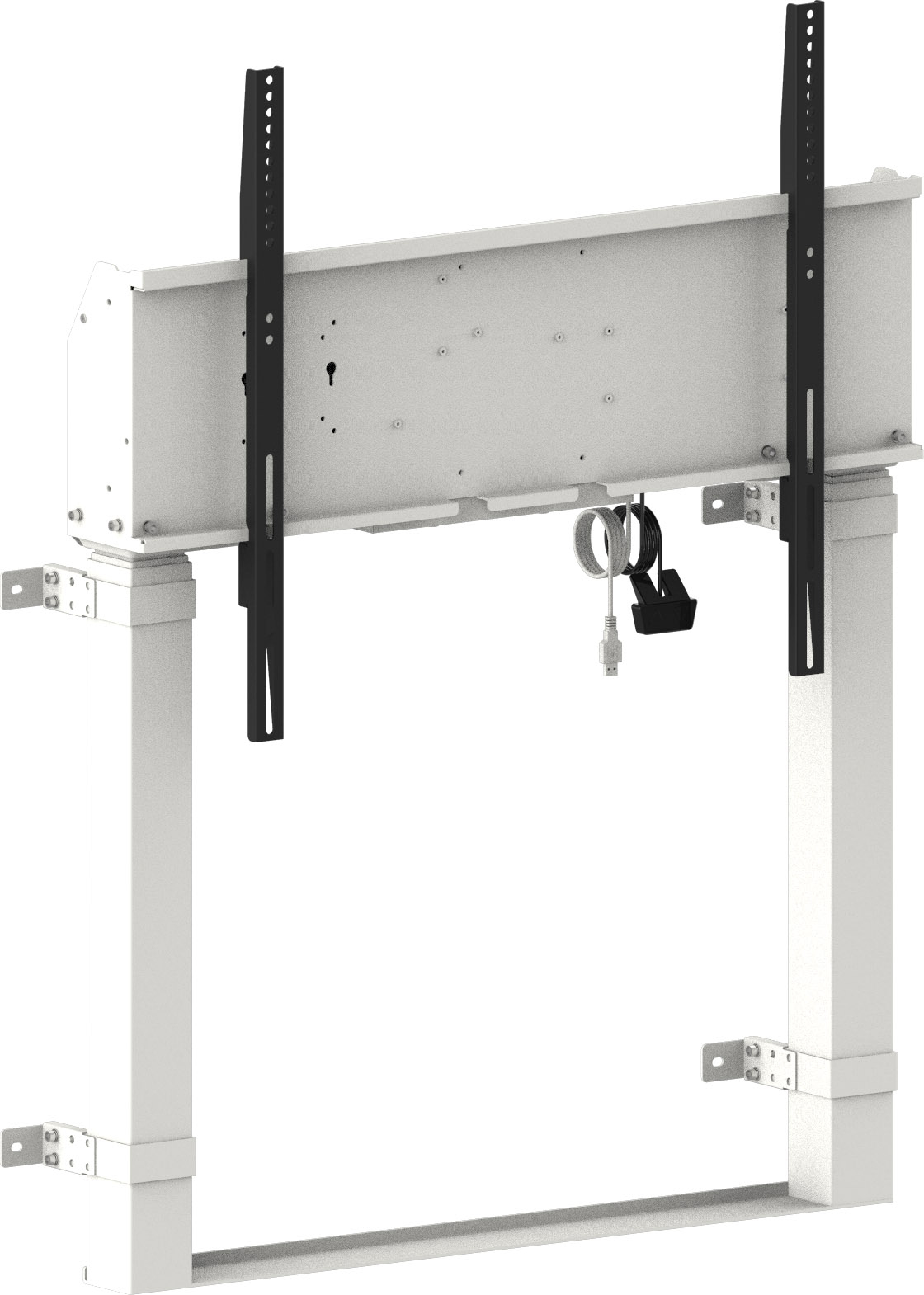 Un supporto TV bianco con bracci di montaggio neri, cavi e un organizer per cavi. È un design moderno.