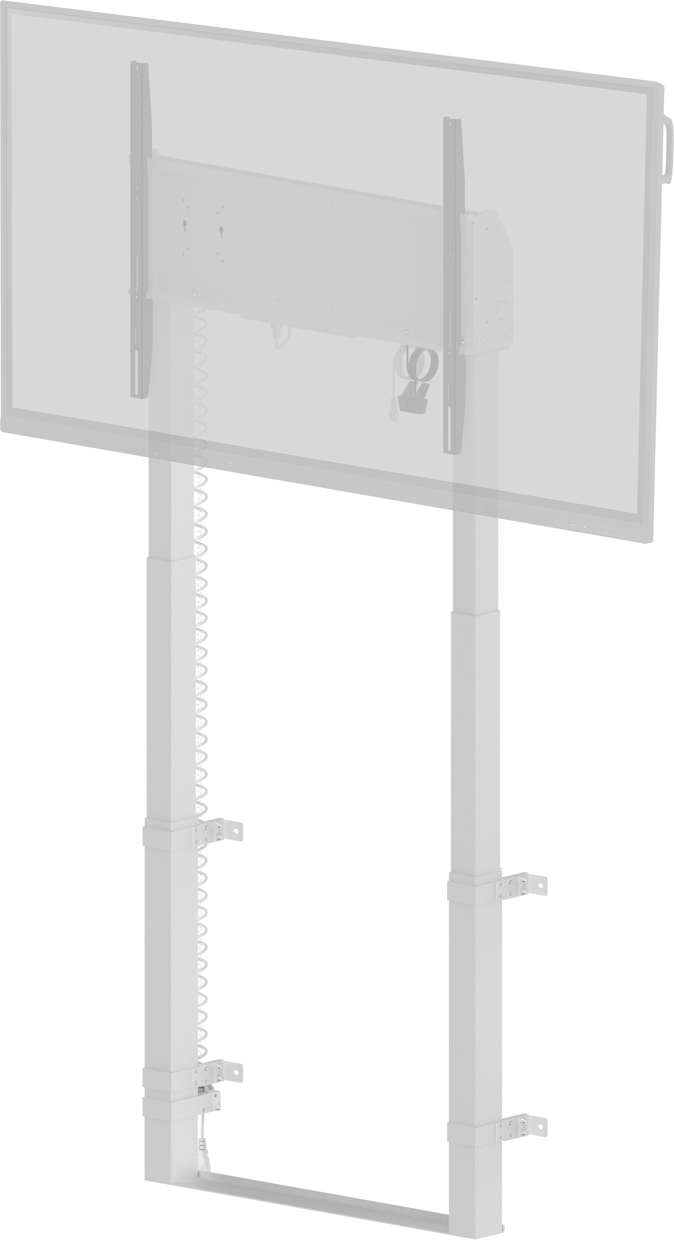 Supporto TV bianco, che mostra trasparente una TV, con supporti verticali e una base.
