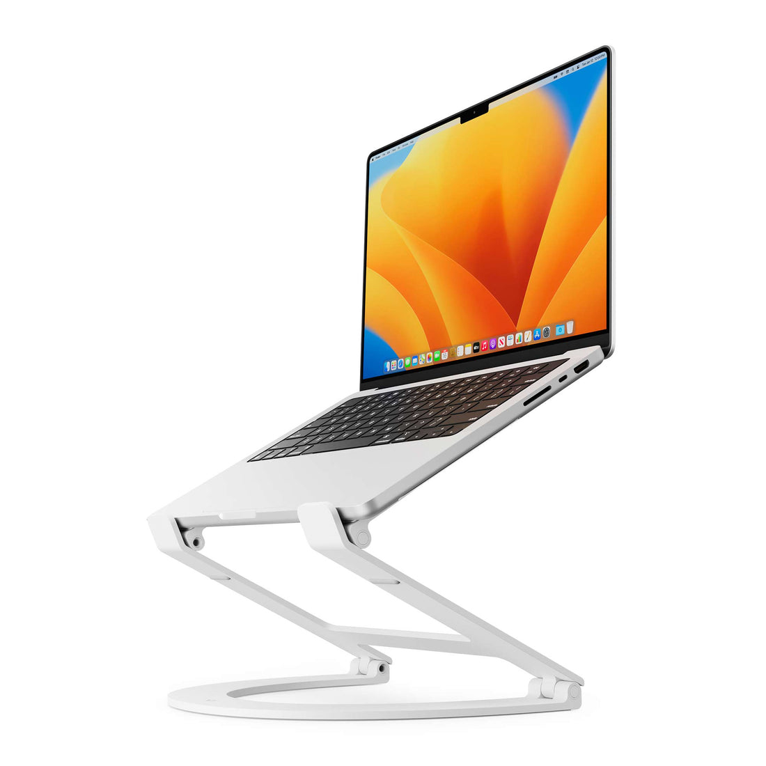 A white laptop on a white stand. The laptop is at an angle, with an orange screen.