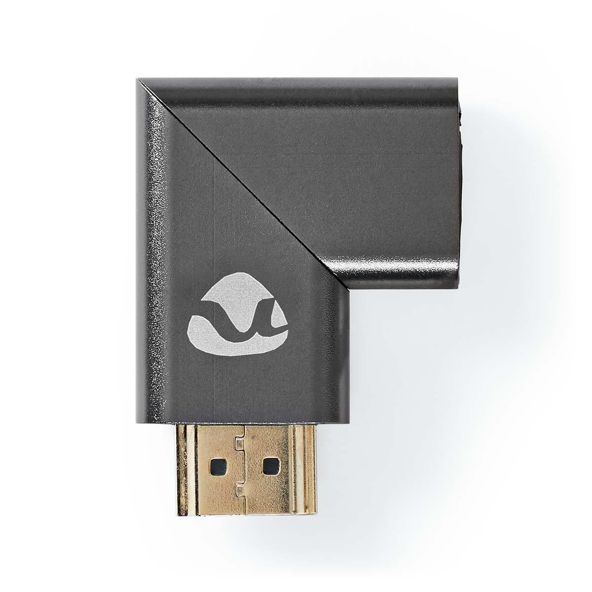 Adattatore HDMI nero angolato a 90 gradi, logo argentato e connettore dorato.