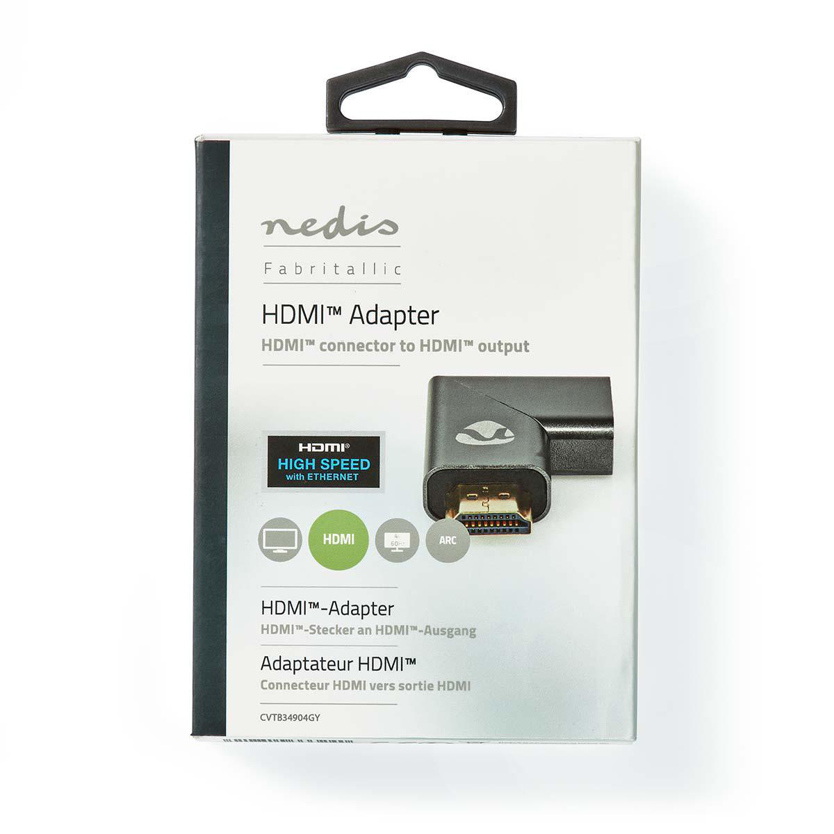 Un adattatore HDMI nero in confezione. La confezione è bianca con testo e grafica.
