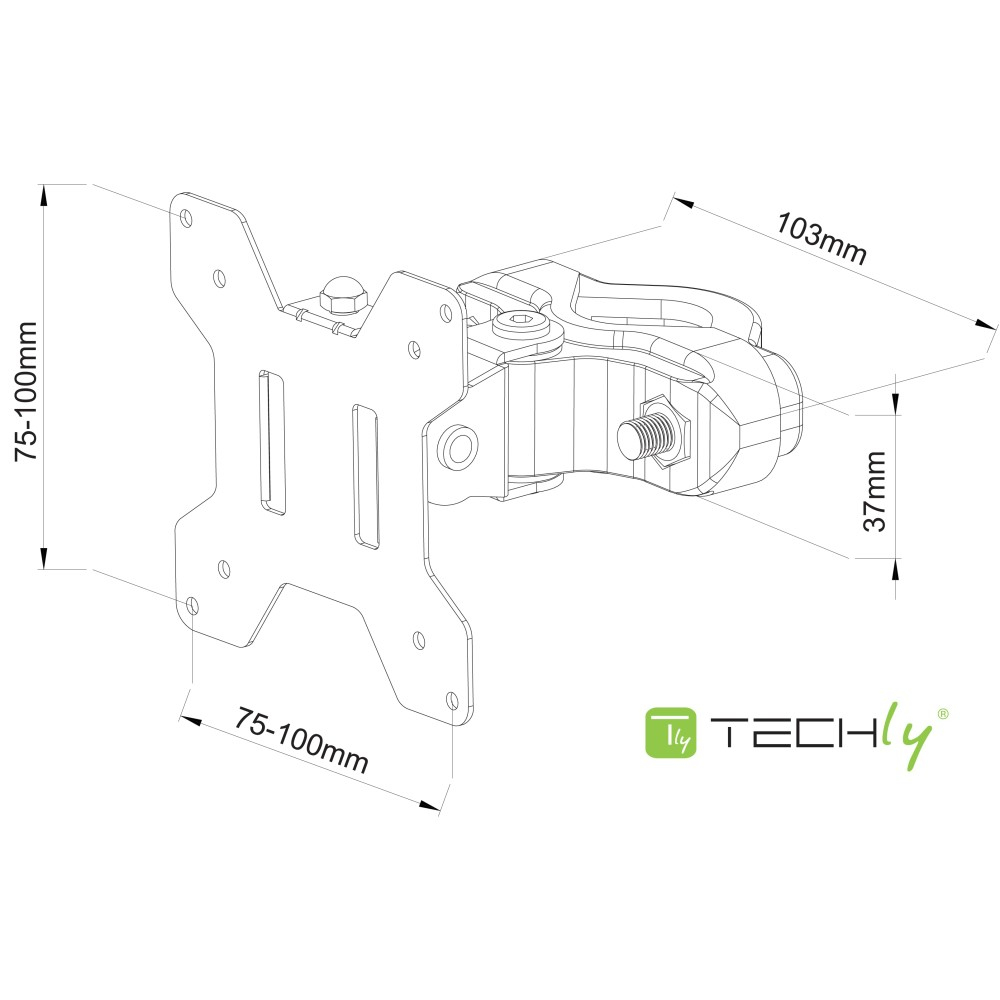 Diagramm einer TV-Halterung mit Abmessungen und Logo.