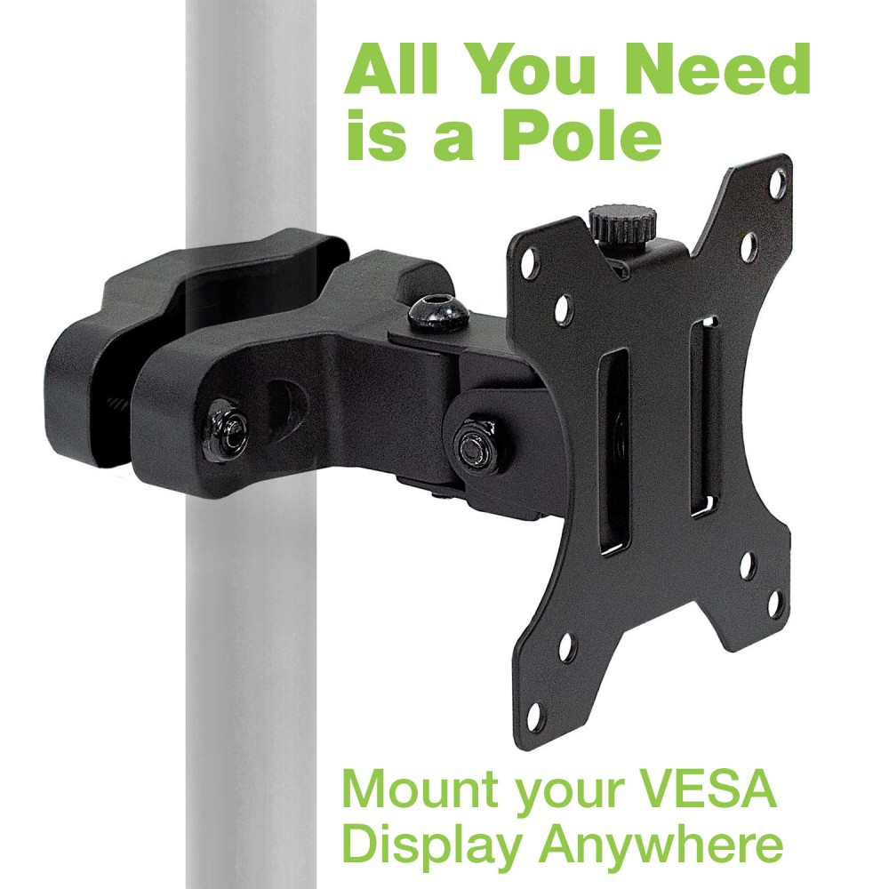 Schwarze Monitorhalterung an weißer Stange, VESA-Halterung, Text: „All You Need is a Pole“.