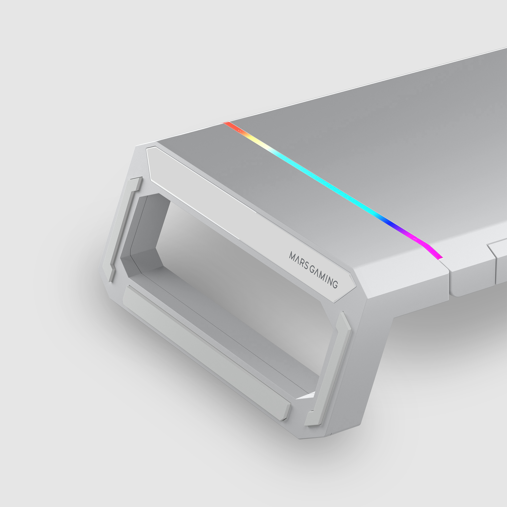 Biała podstawka do monitora gamingowego z paskiem LED.