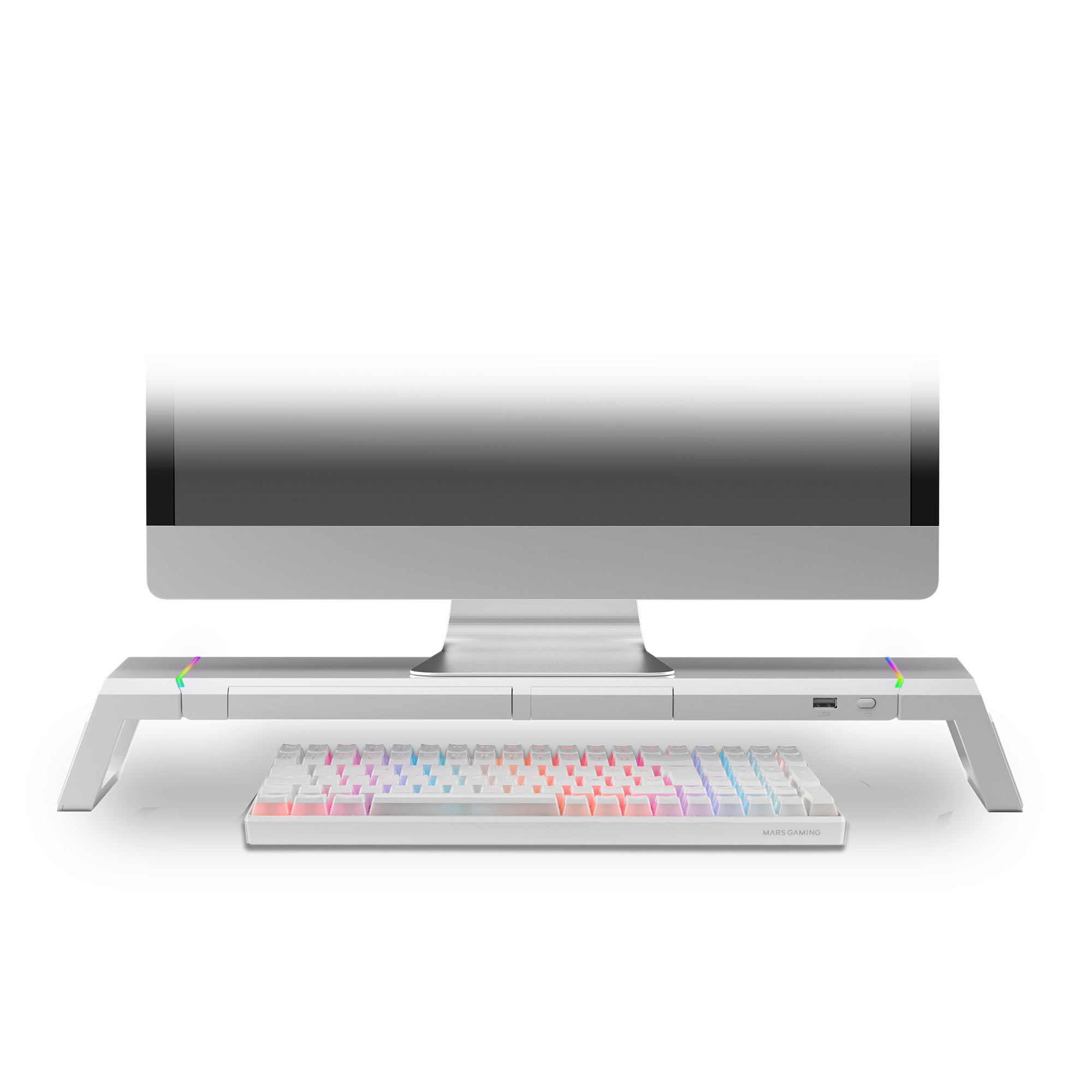 Biała klawiatura umieszczona jest pod monitorem, który znajduje się nad białym stojakiem z kolorowymi światłami.