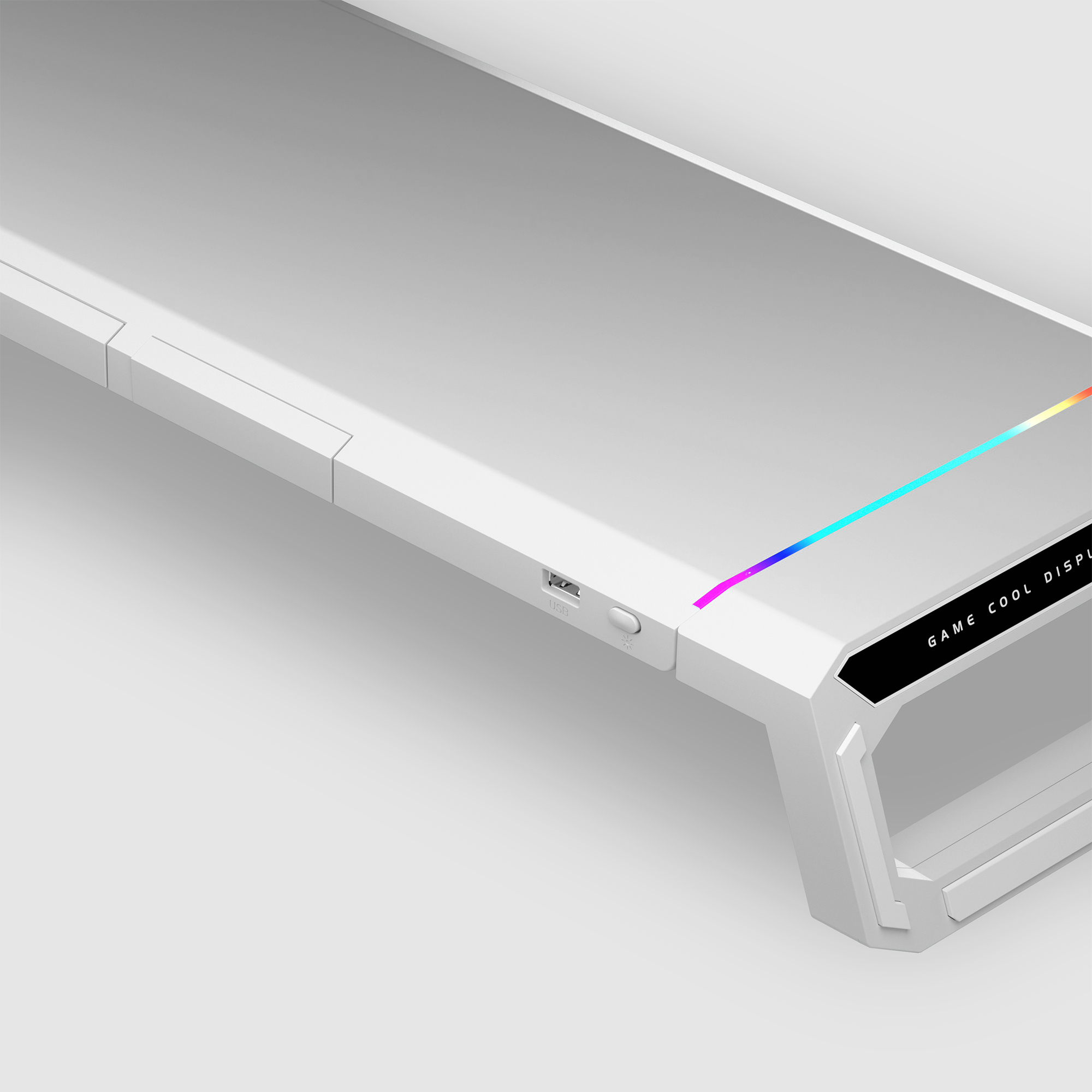 Biała podstawka z paskiem świetlnym na górze. Pasek świetlny ma kolory tęczy.