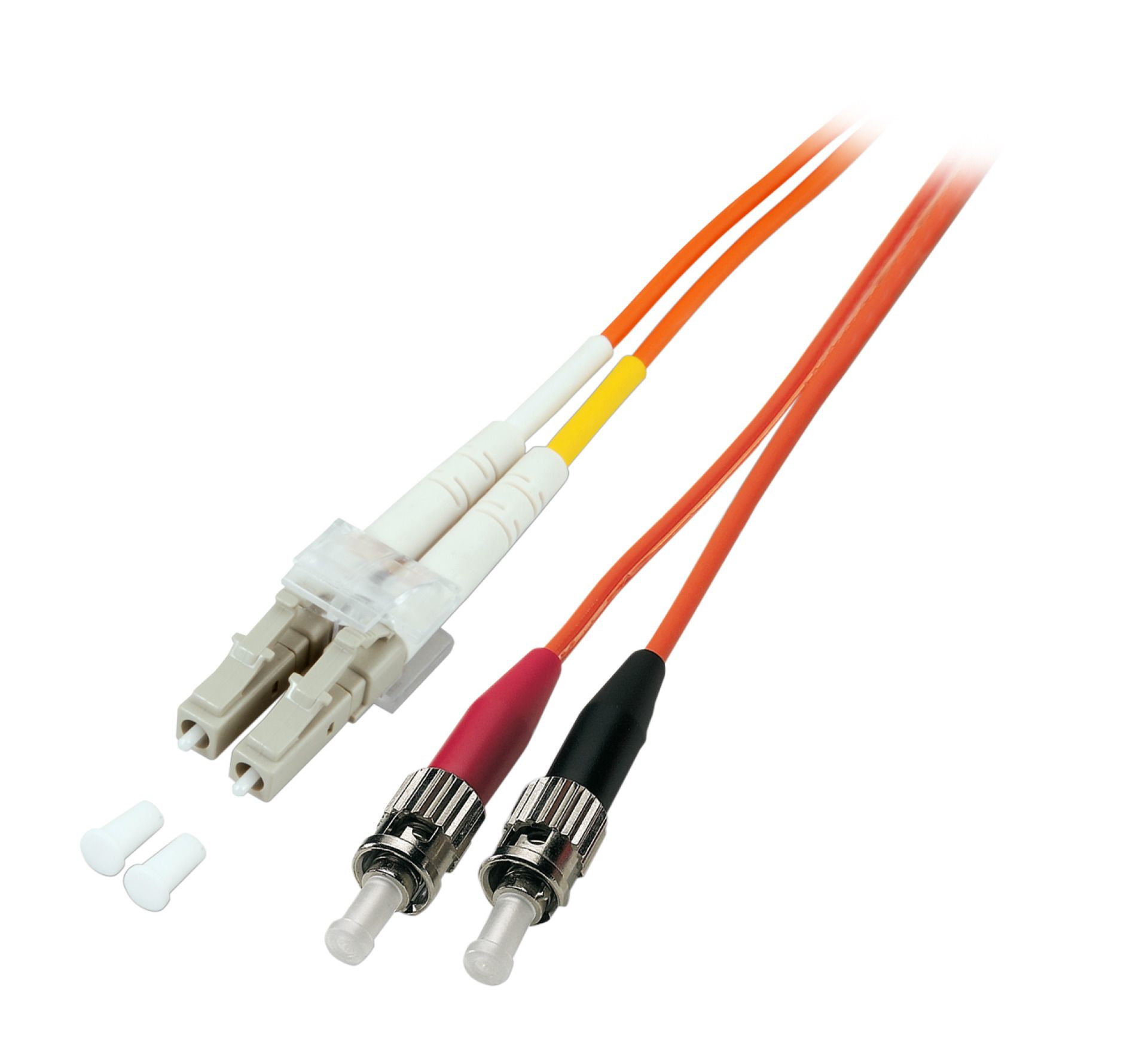 Cavi in fibra ottica con connettori, cavi arancioni e neri. Sono presenti cappucci bianchi.