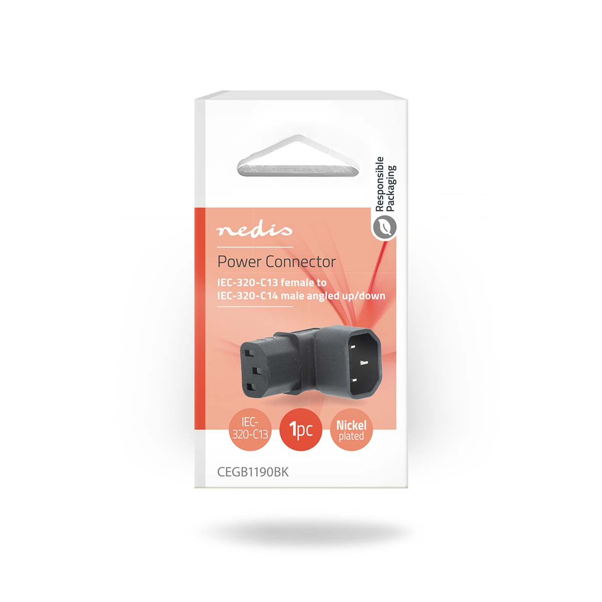 Witte doos met een zwarte voedingsconnector. Hoekige connector voor IEC-320-C13 naar C14.