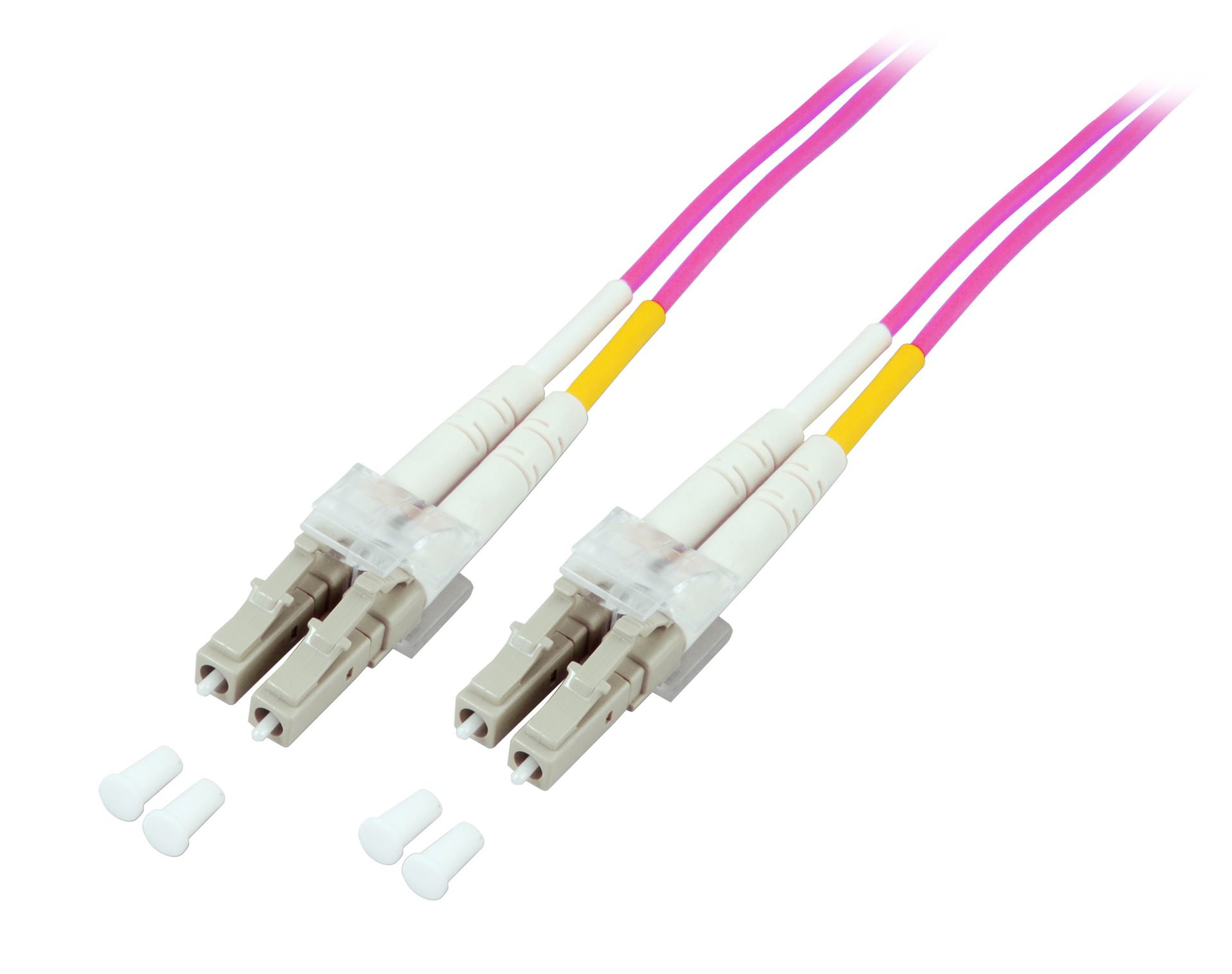 Due cavi in fibra ottica con connettori beige. Cavi rosa e bianchi. Sfondo bianco.