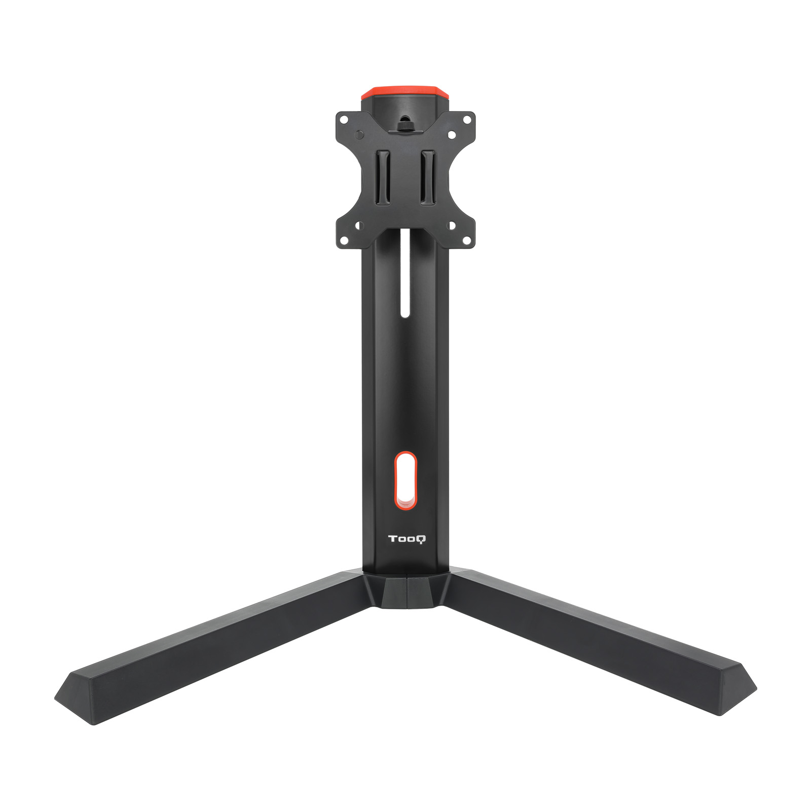 Un soporte de monitor negro y rojo con base de tres patas.