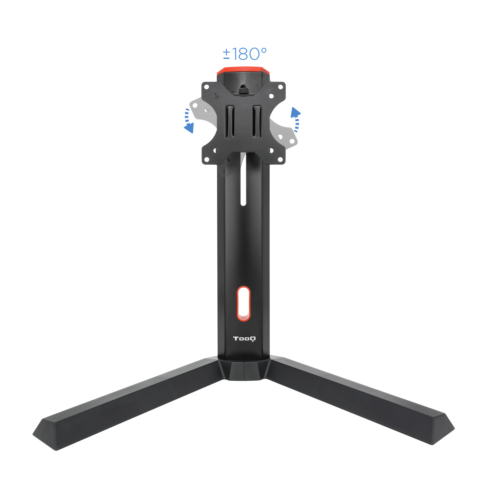 Un soporte de monitor negro con brazos ajustables. Tiene un acento rojo y una base de tres patas.