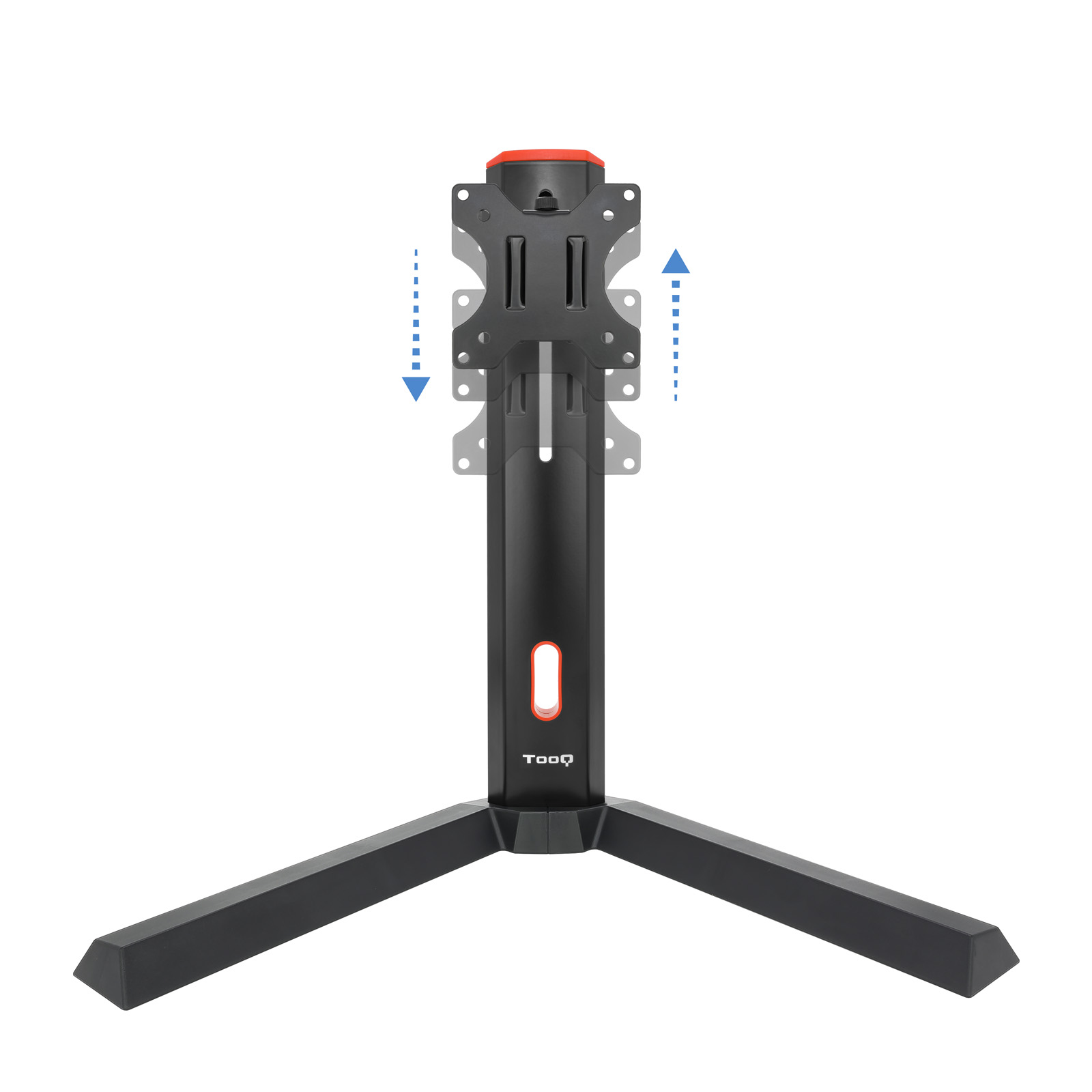 Soporte de monitor negro con parte superior roja y base de tres patas, con flechas de ajuste.
