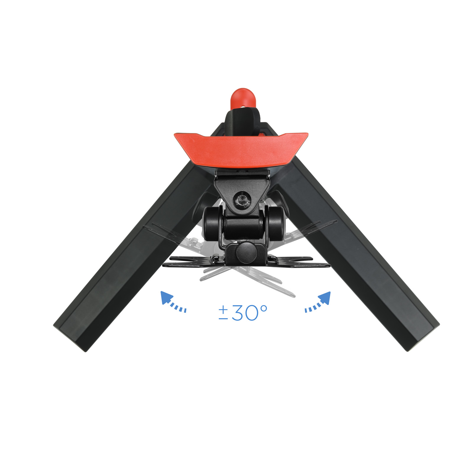 Mini trípode negro y rojo. Las flechas indican la inclinación hasta 30 grados.