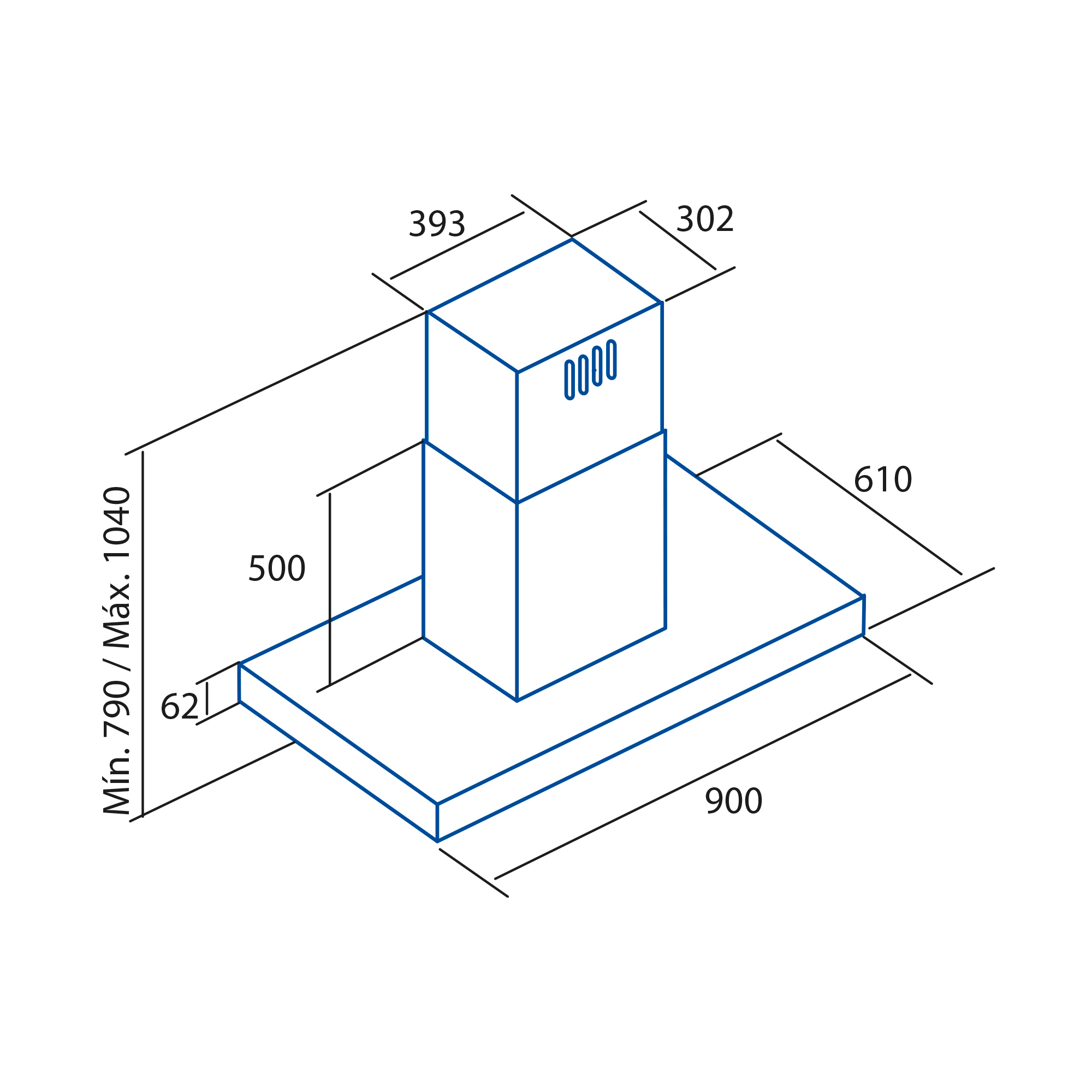 Diagramma di una cappa aspirante con dimensioni. Linee blu e sfondo bianco.