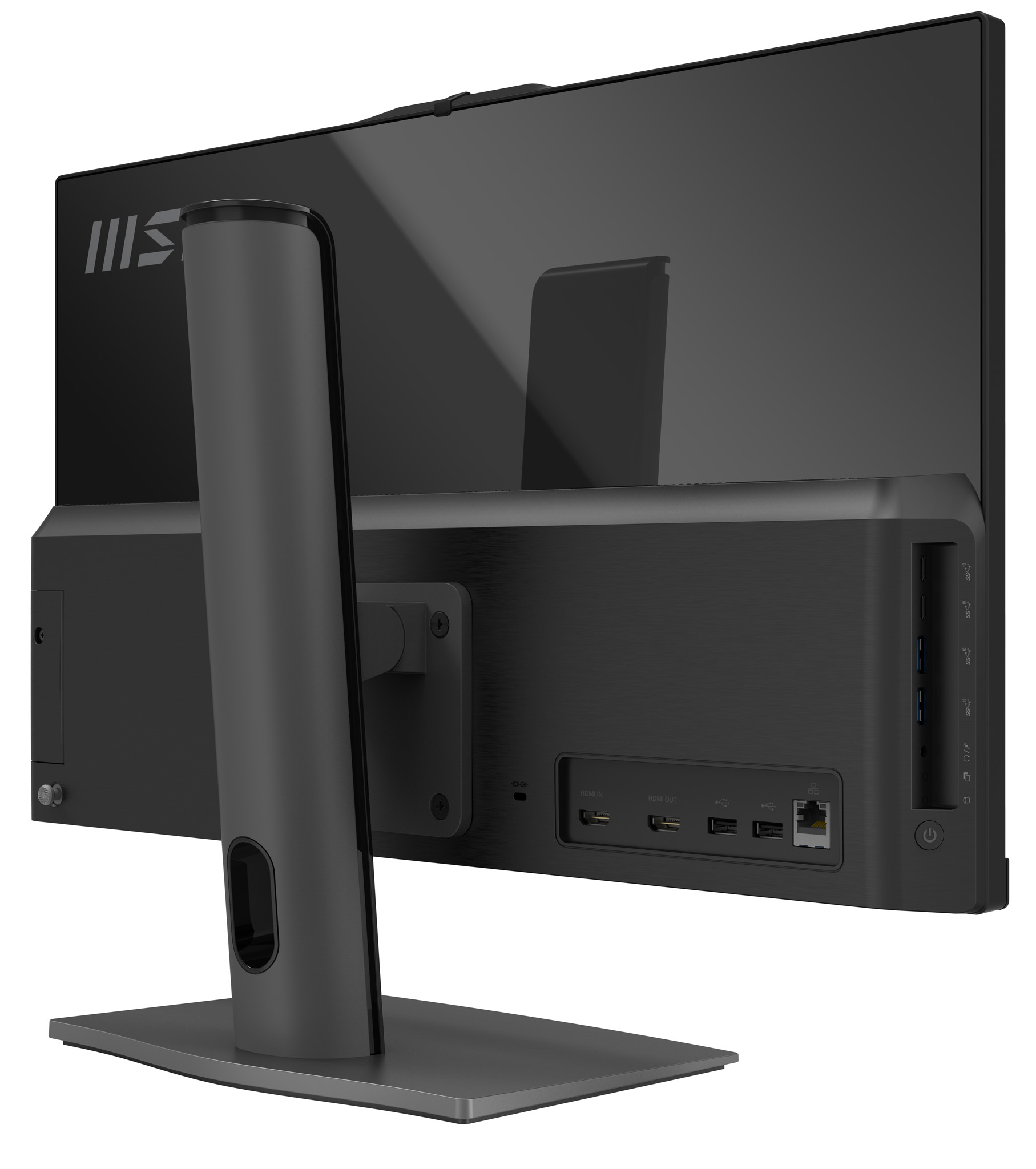 Il retro di un monitor per computer MSI nero. Le porte sono visibili sul lato.