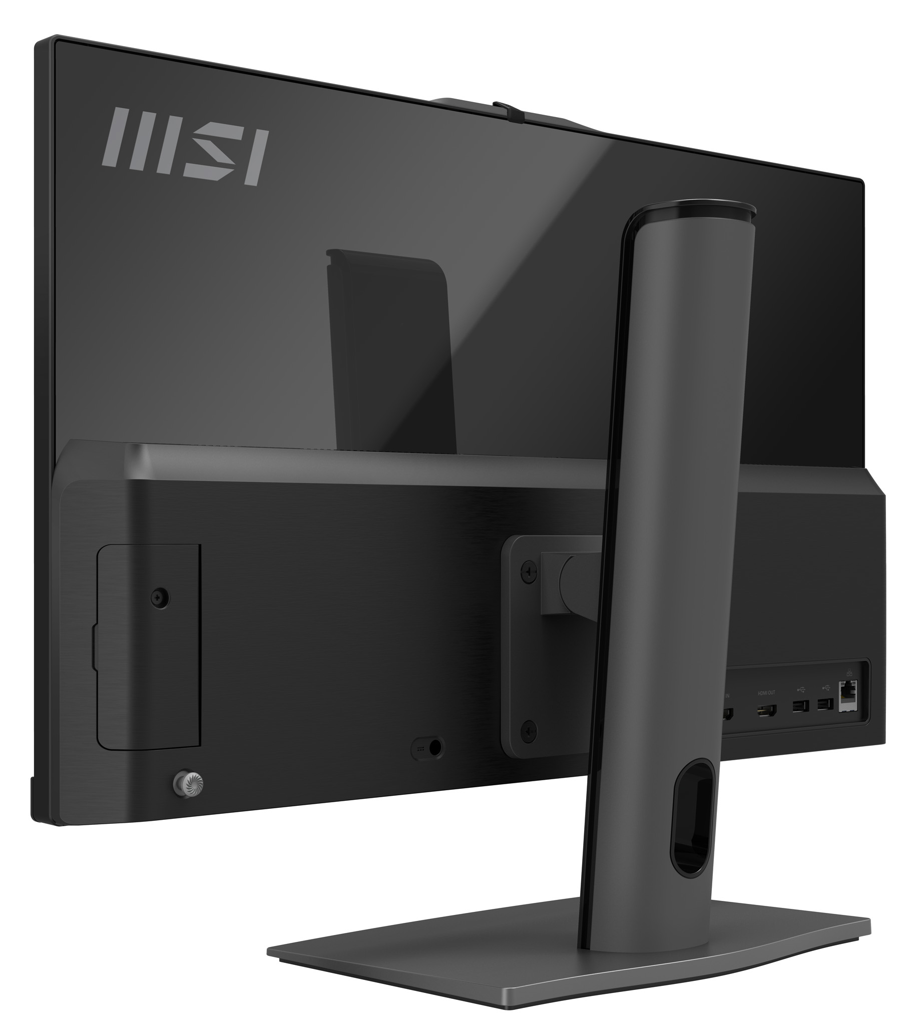Vista posteriore di un computer MSI all-in-one nero, con supporto. Logo MSI in alto a sinistra.