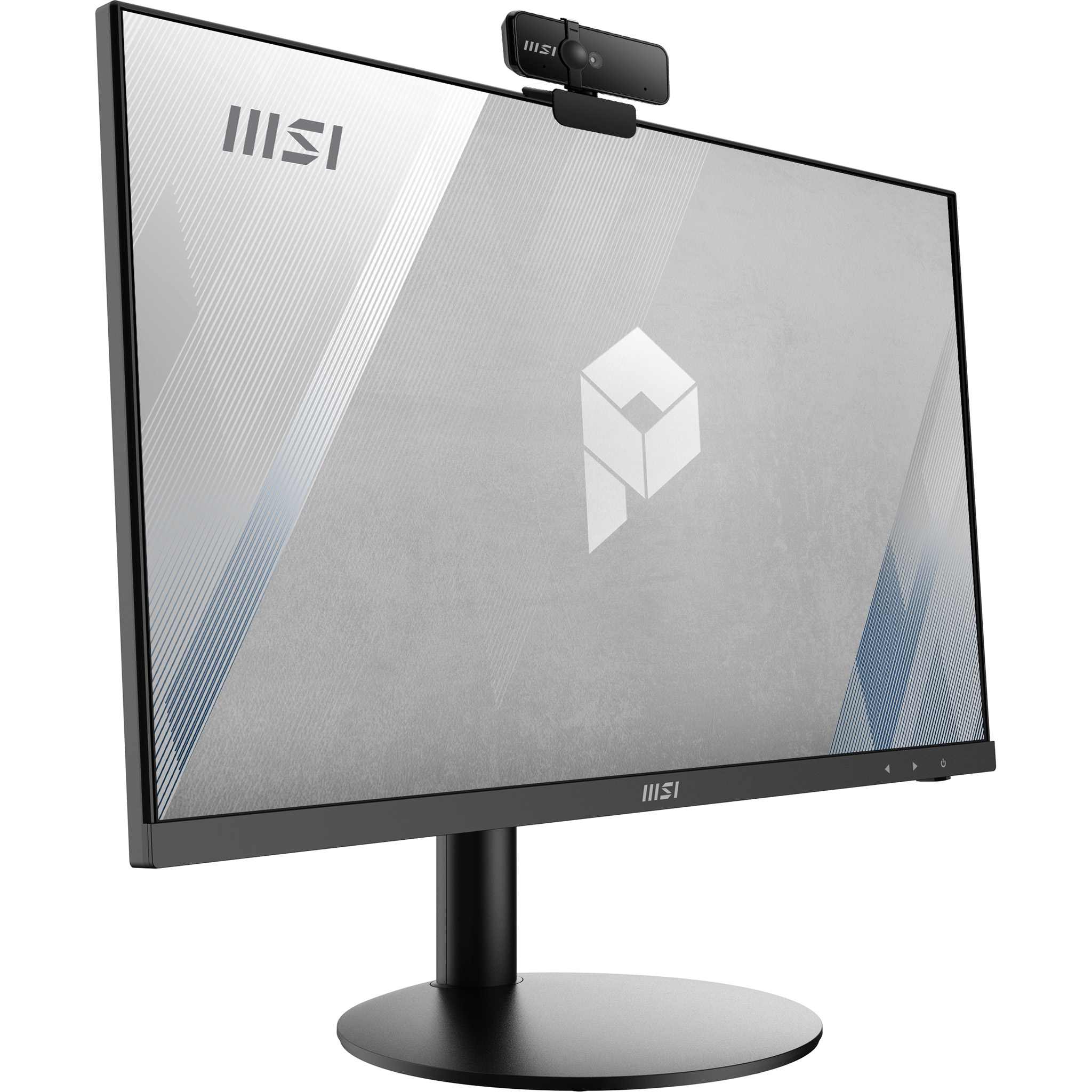 Un monitor nero con una webcam collegata, che mostra un'immagine a motivi bianchi e grigi.