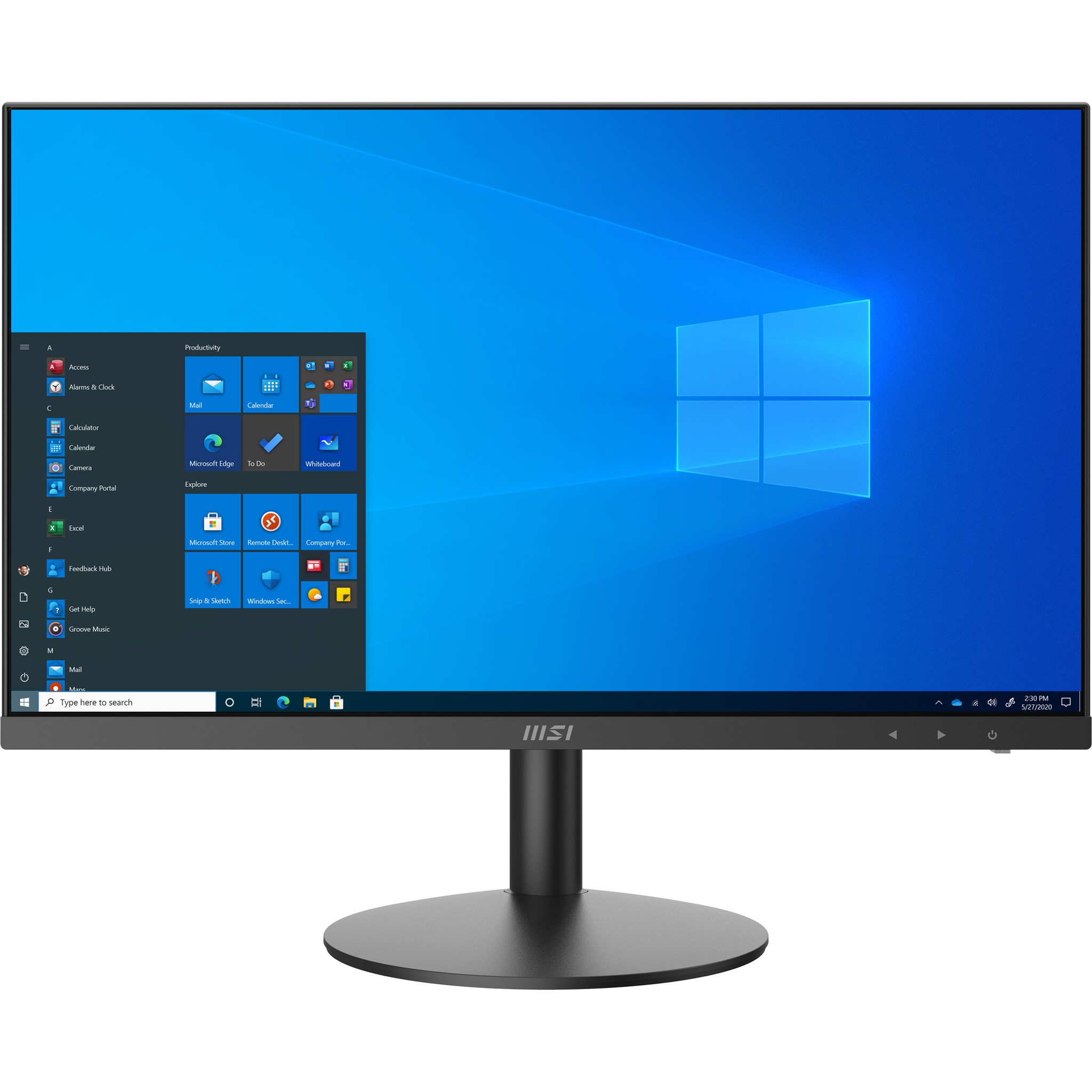 Un monitor per computer a schermo piatto che mostra un desktop di Windows 10. Ha un supporto nero.