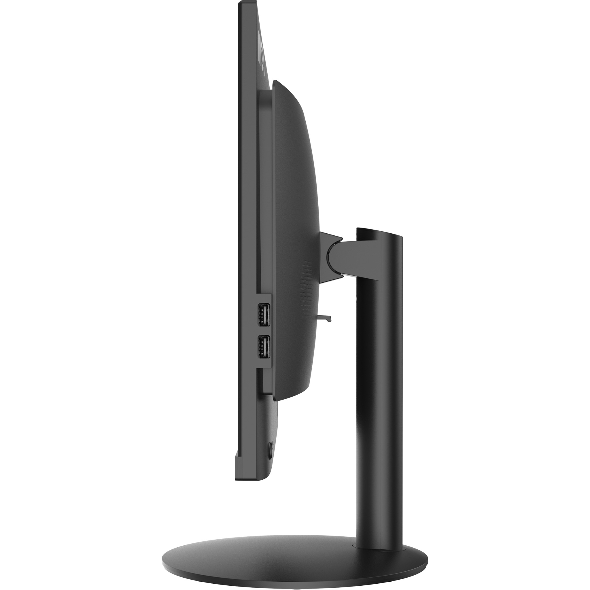 Vista laterale di un monitor nero con supporto nero. Il monitor ha porte USB.