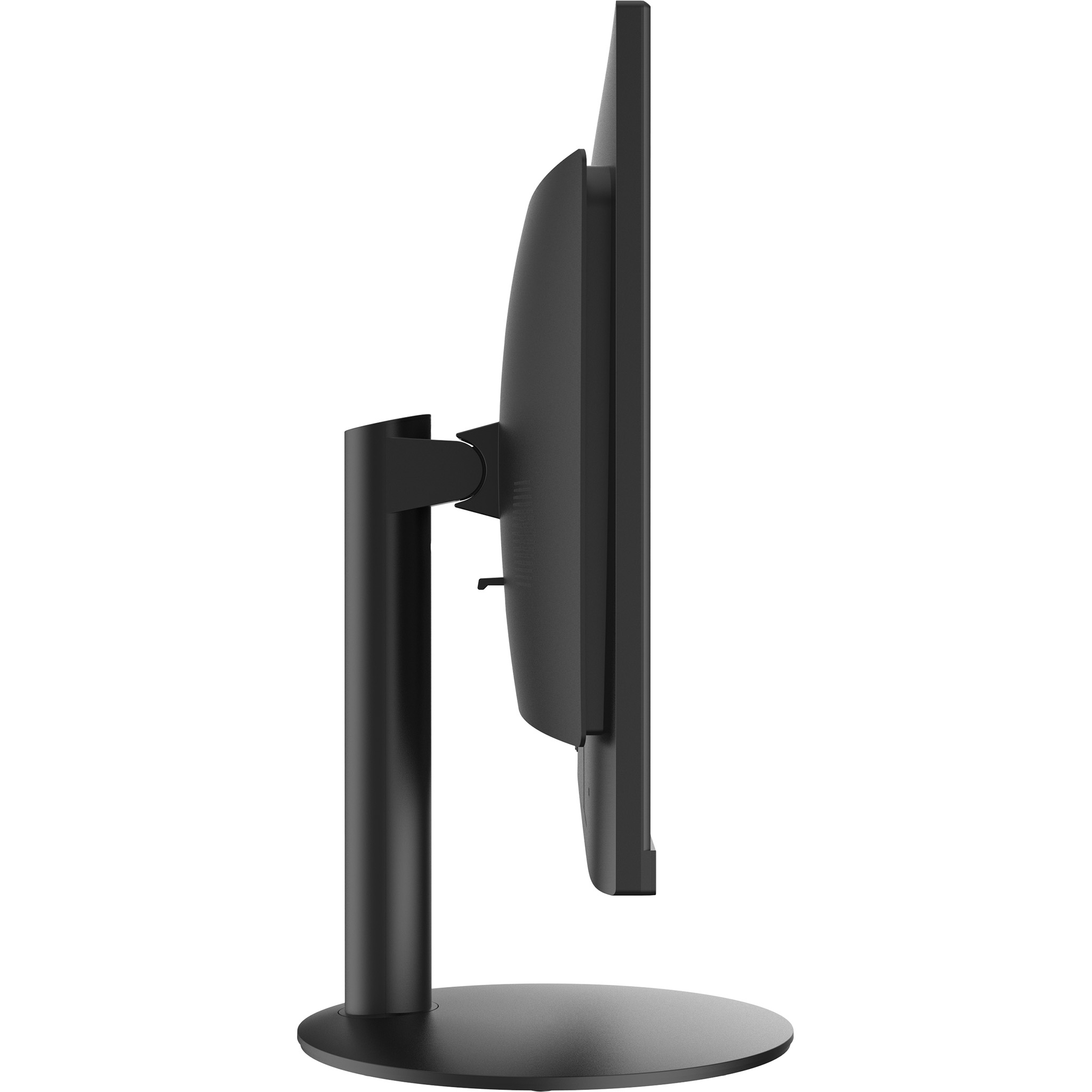 Monitor del computer nero di lato. Mostra il supporto e il profilo dello schermo.