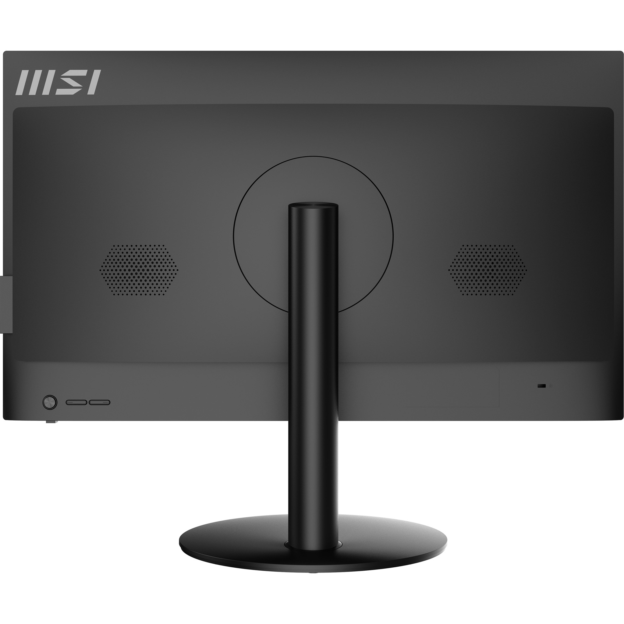 Retro di un monitor MSI nero con supporto, fori per altoparlanti e pulsante di accensione.