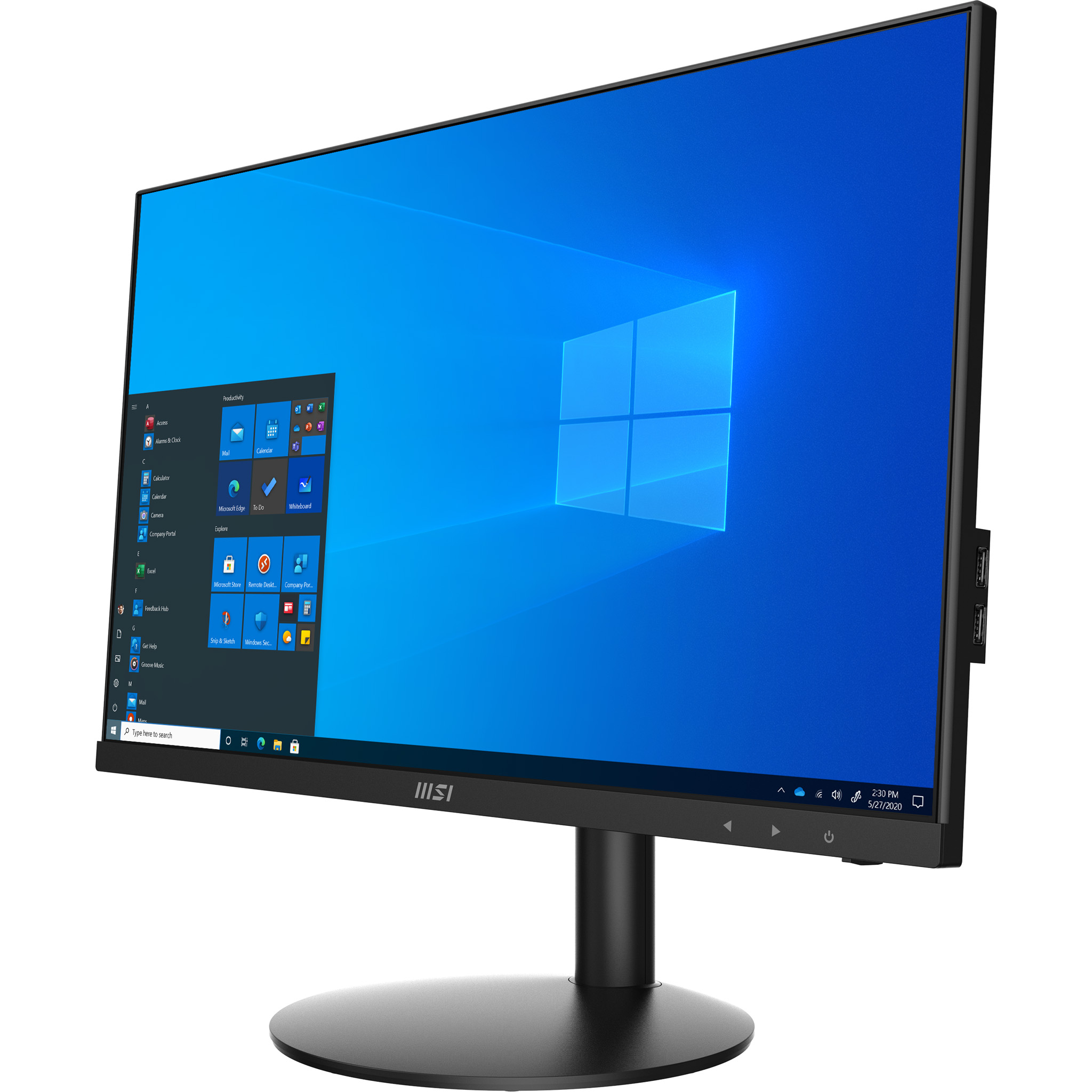 Un monitor MSI nero mostra Windows. Lo schermo mostra icone di app. Il supporto è nero.