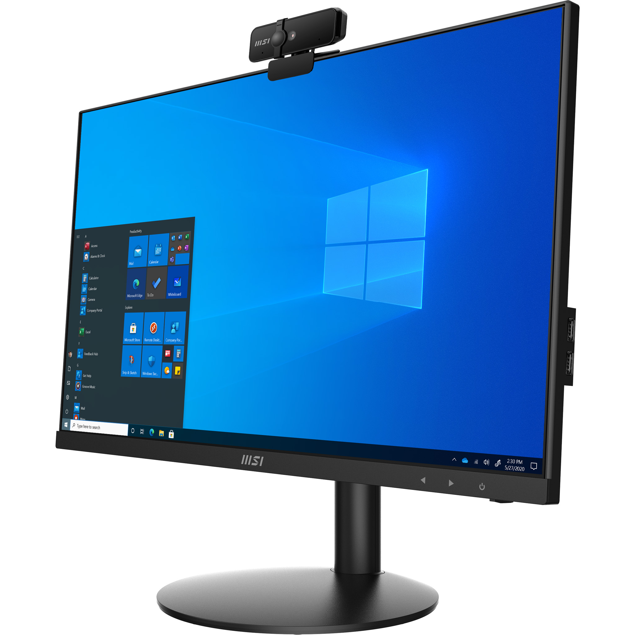 Monitor MSI nero con webcam, display Windows e supporto nero.