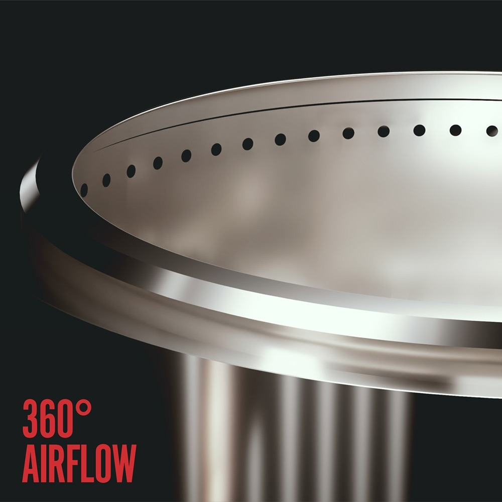 Close-up van een metalen ventilator met 360° luchtstroom tekst.