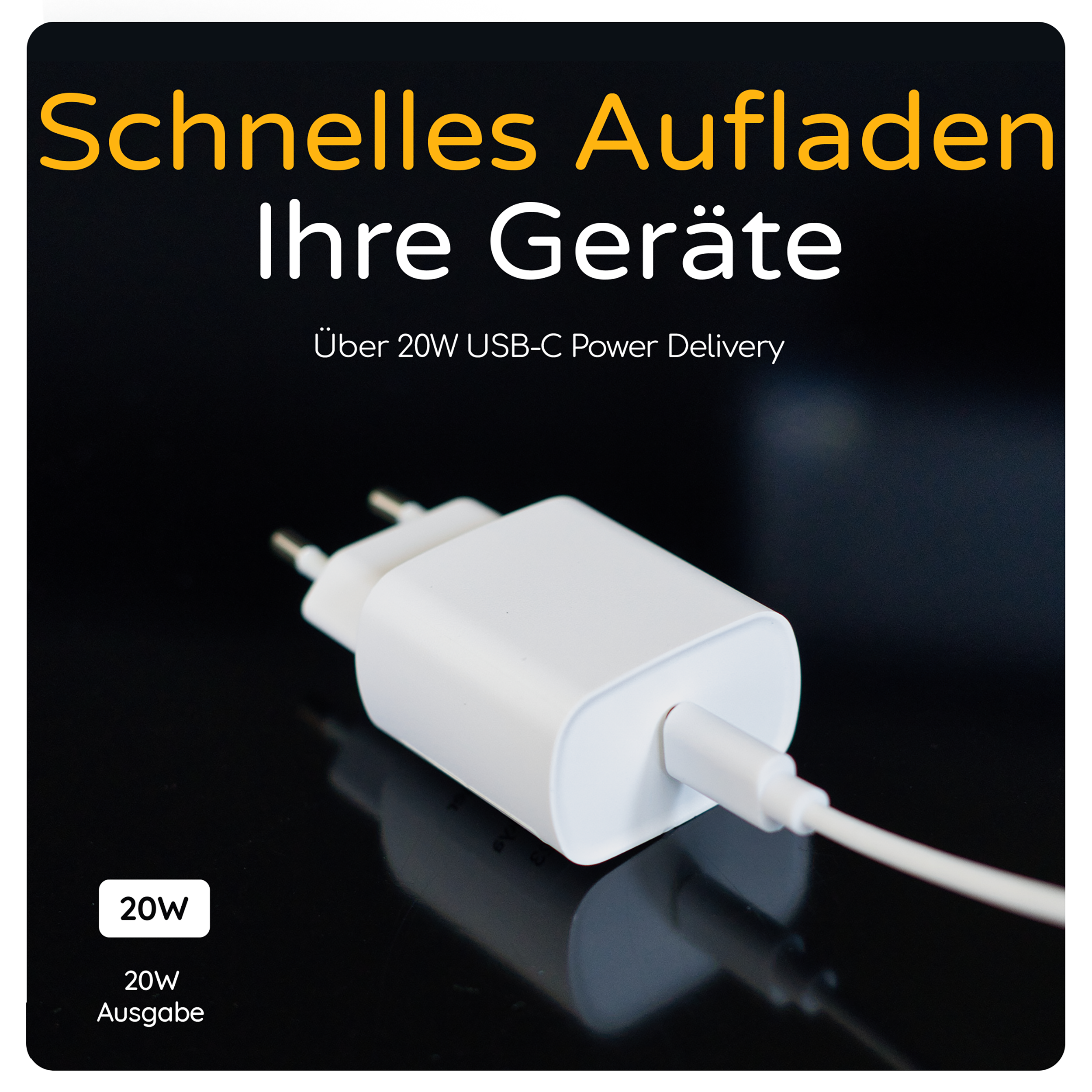 Weißes Ladegerät mit weißem Kabel auf schwarzem Untergrund, Textüberlagerung.
