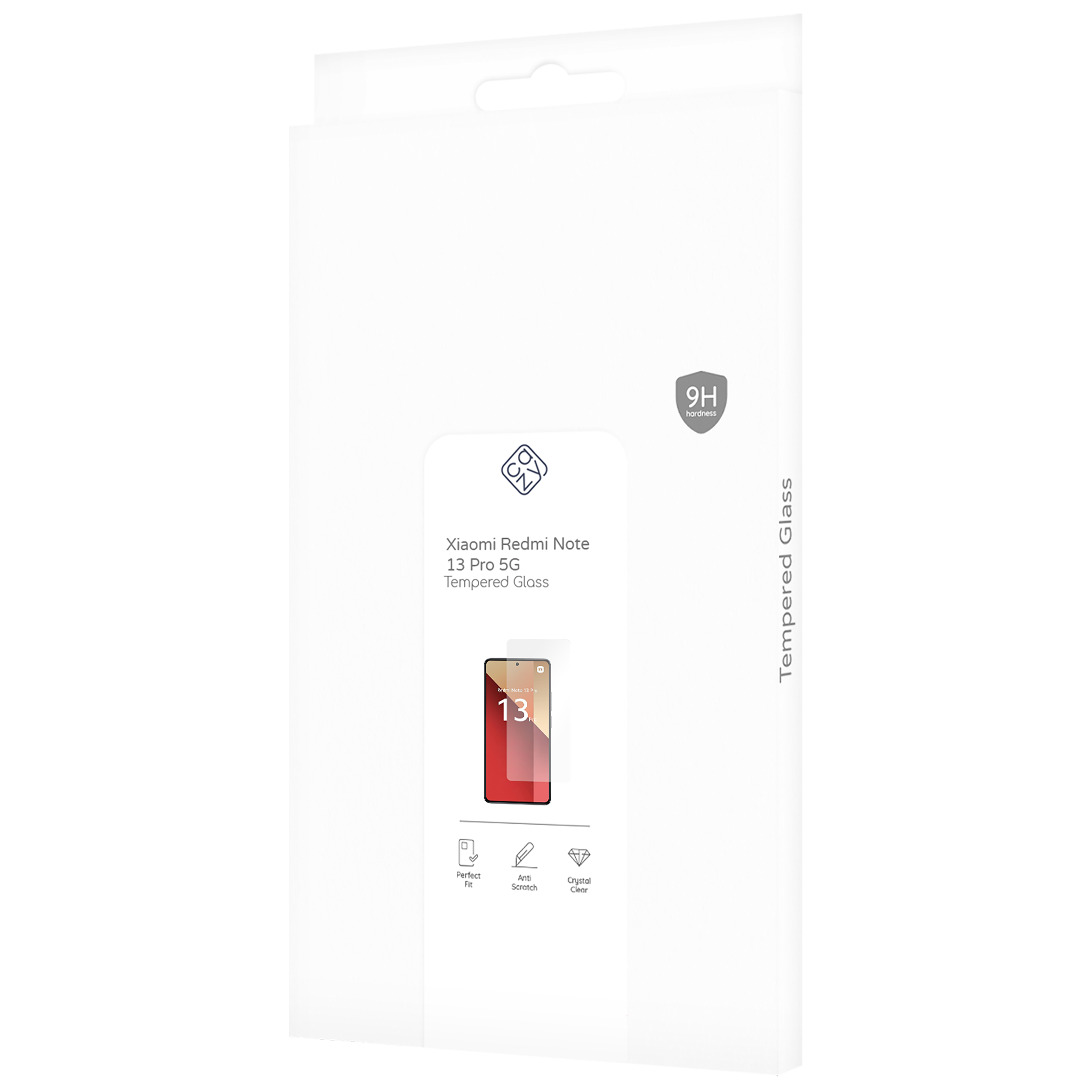 Weiße Schachtel mit einem Telefonbild und Text, '9H Härte'-Etikett an der Seite.