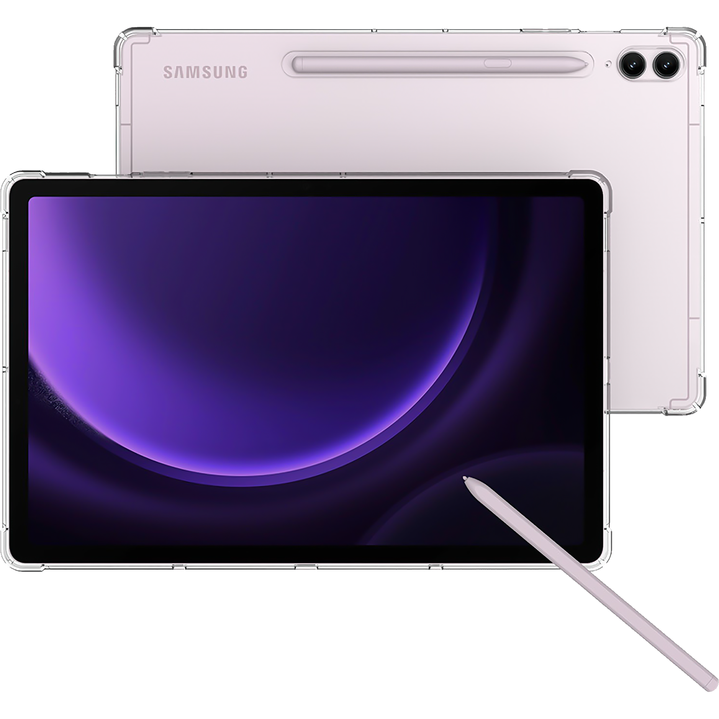 Ein helllila Tablet mit Stift. Der Bildschirm zeigt einen lila Farbverlauf. Das Tablet befindet sich auf weißem Hintergrund.