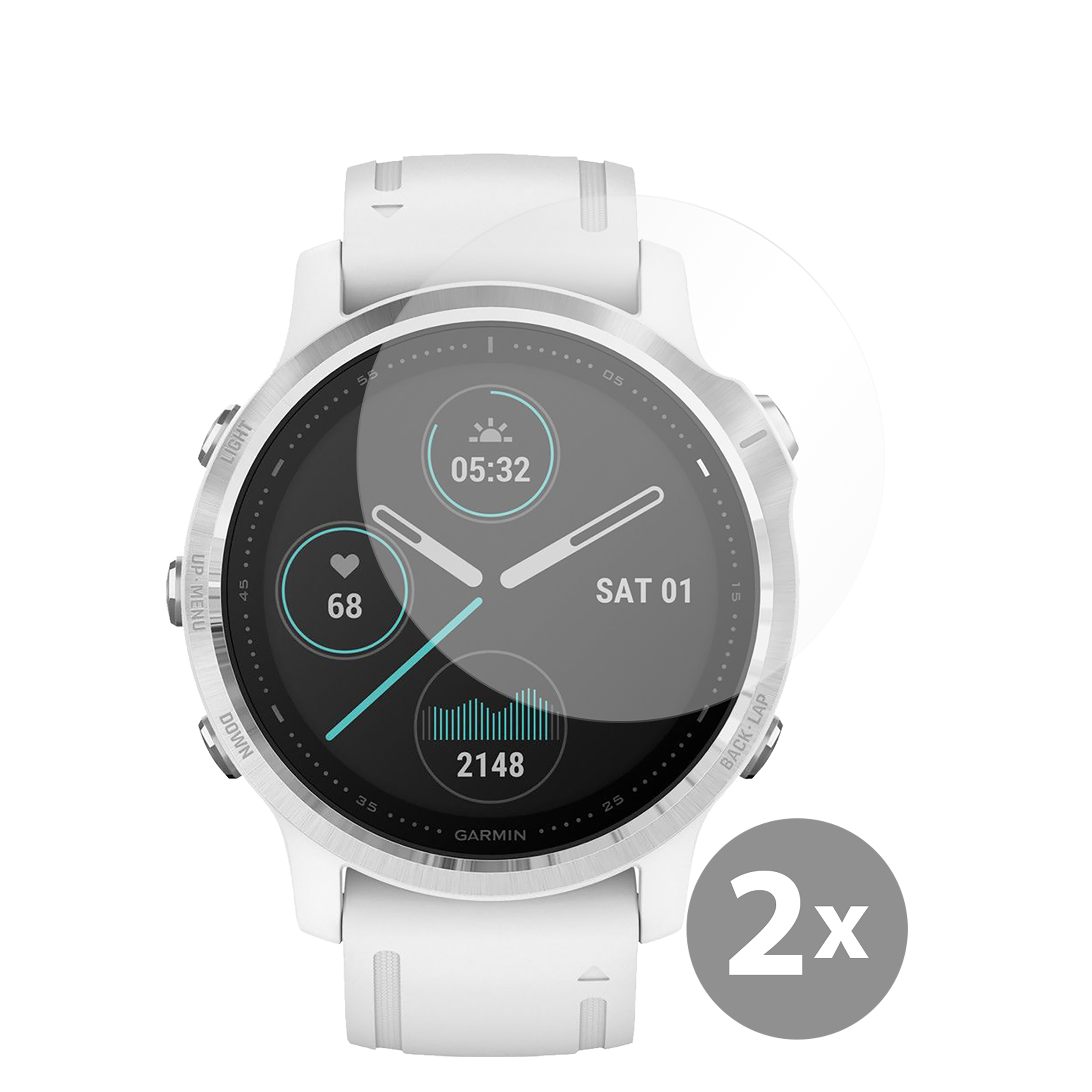 Smartwatch mit weißem Armband. Es zeigt die Uhrzeit und Statistiken. Es gibt einen 2x Aufkleber.