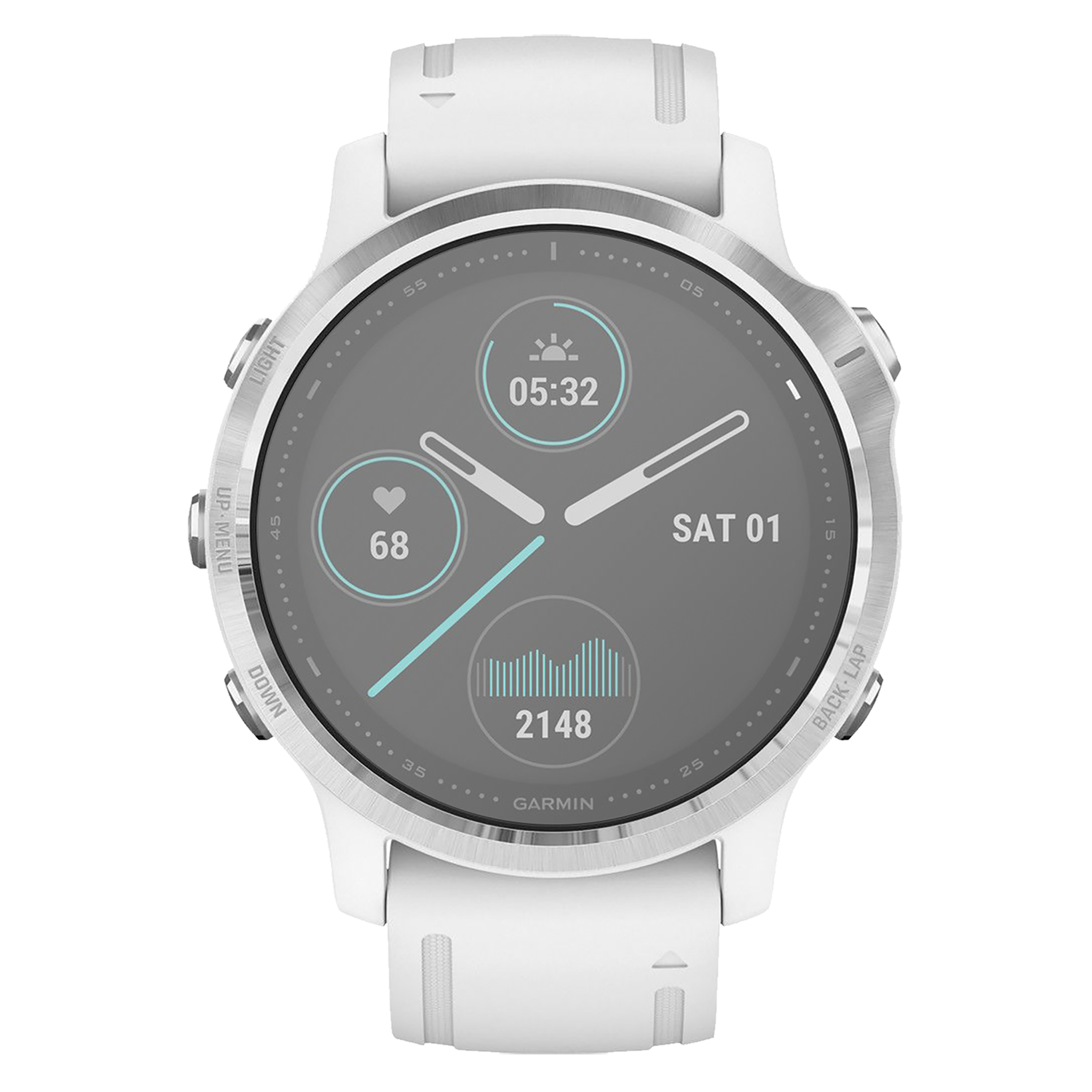 Weiße Smartwatch mit Digitalanzeige auf schwarzem Hintergrund.