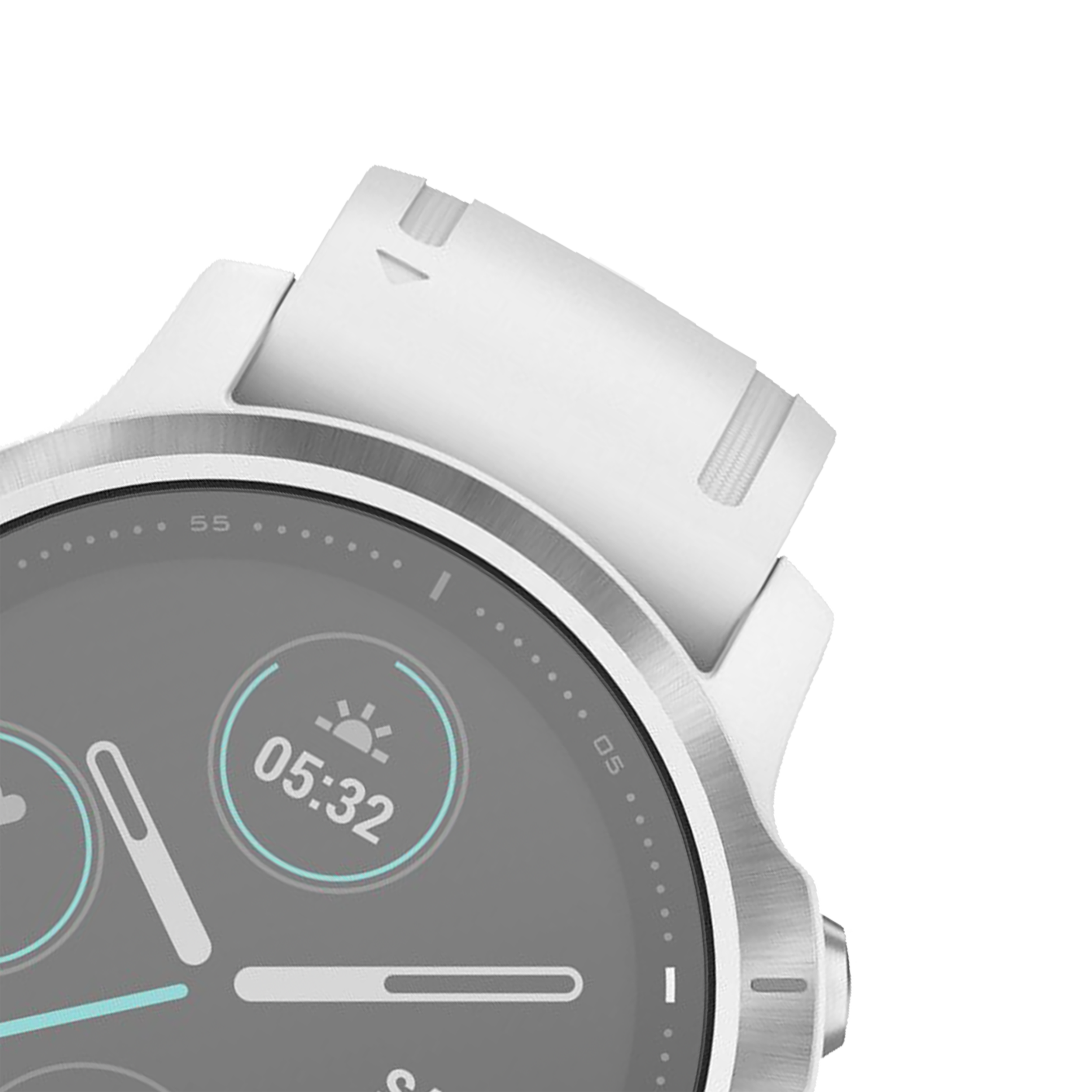 Nahaufnahme einer weißen Smartwatch mit weißem Armband. Das Zifferblatt zeigt die Uhrzeit und ein Sonnensymbol.