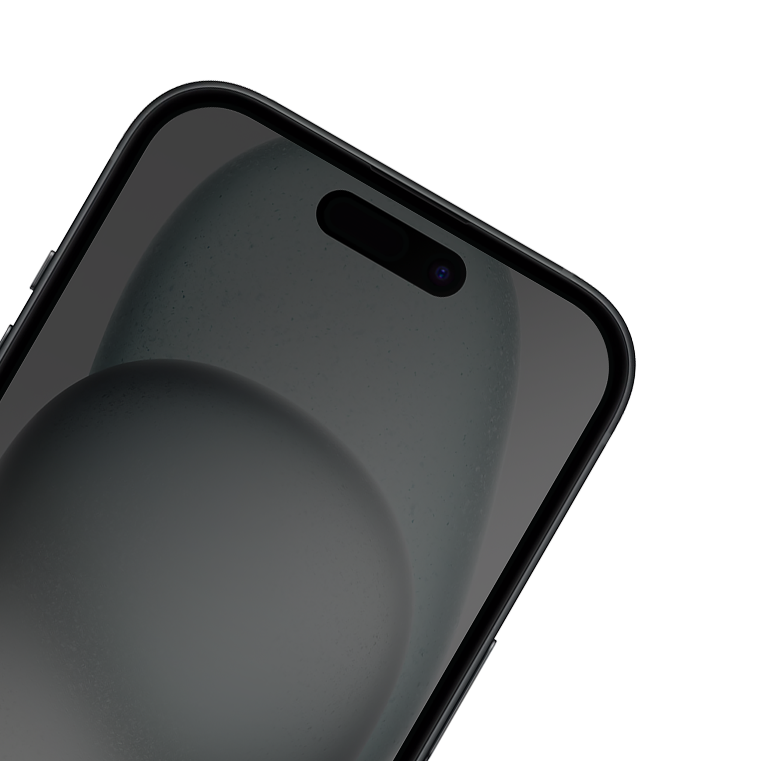 Primo piano del telefono con protezione schermo scura applicata. Sfondo sfocato visibile.
