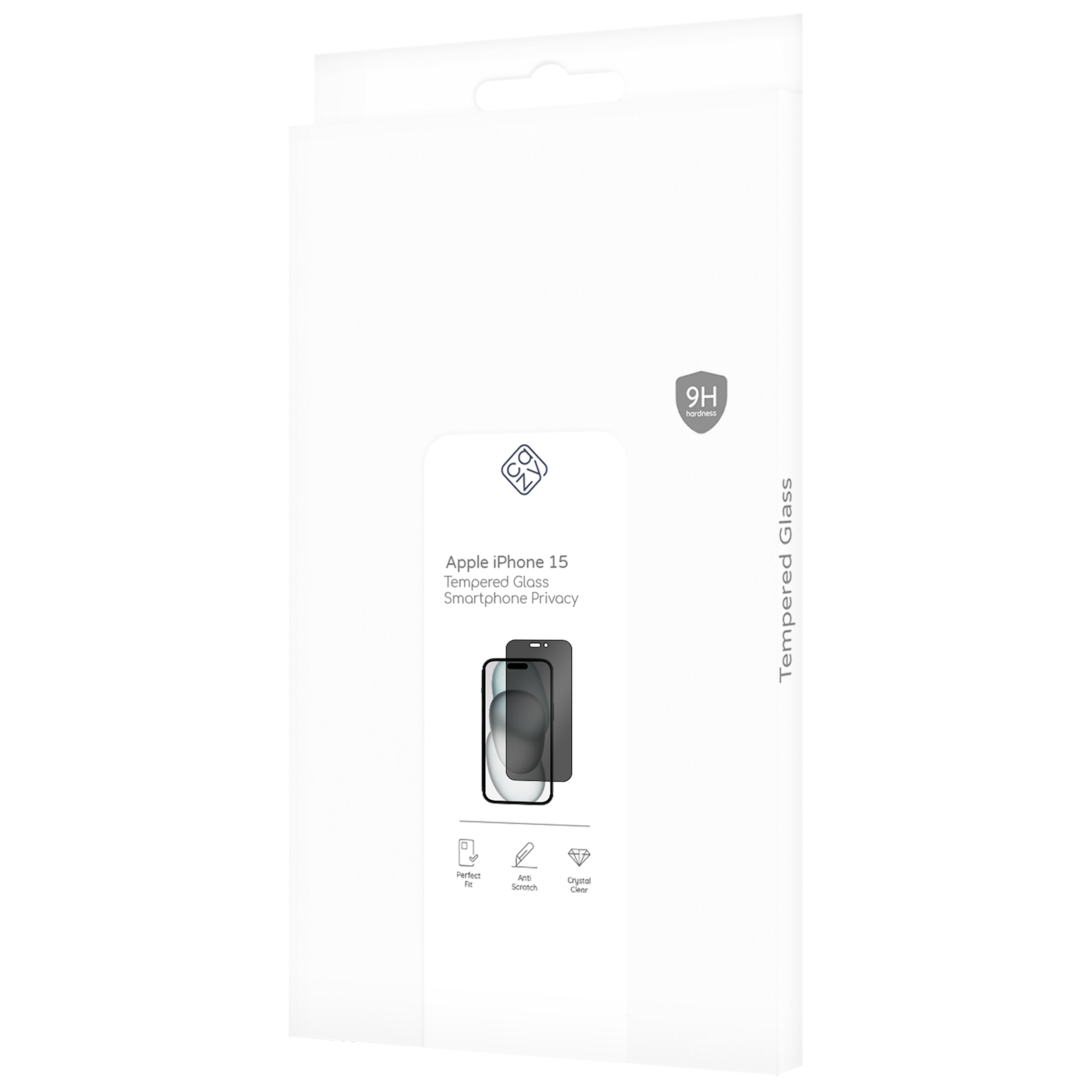 Confezione per protezione schermo Apple iPhone 15. Sfondo bianco.