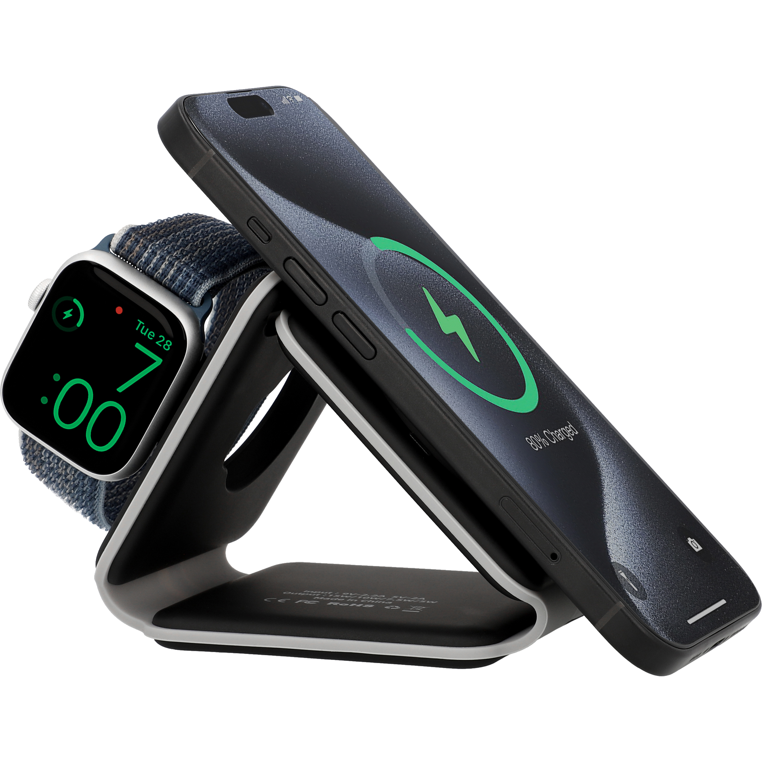 Schwarzer Ladeständer. Es hat ein Smartphone und eine Smartwatch, beide zeigen Ladung an.