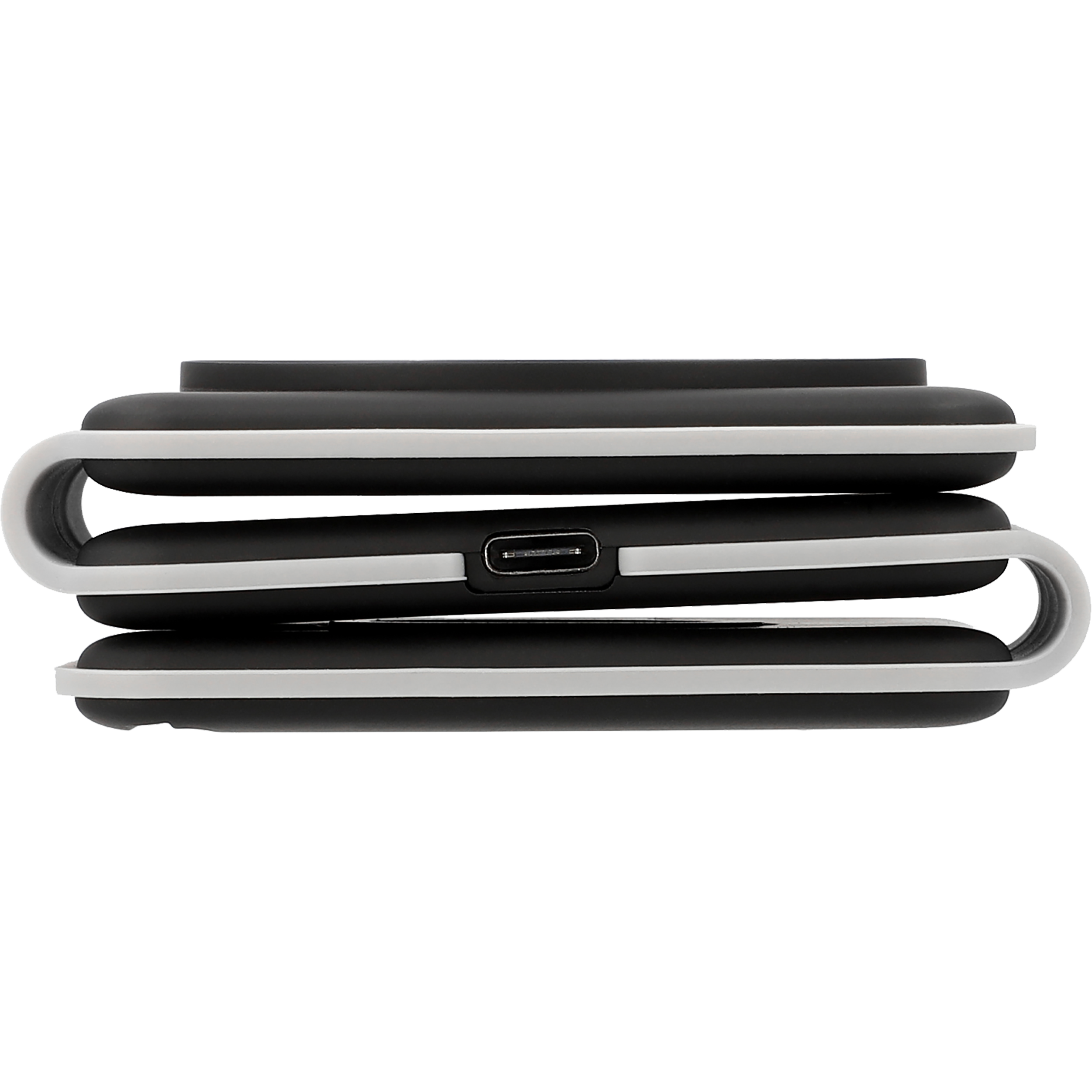 Gefaltetes schwarz-weißes kabelloses Ladepad. USB-C-Anschluss sichtbar.