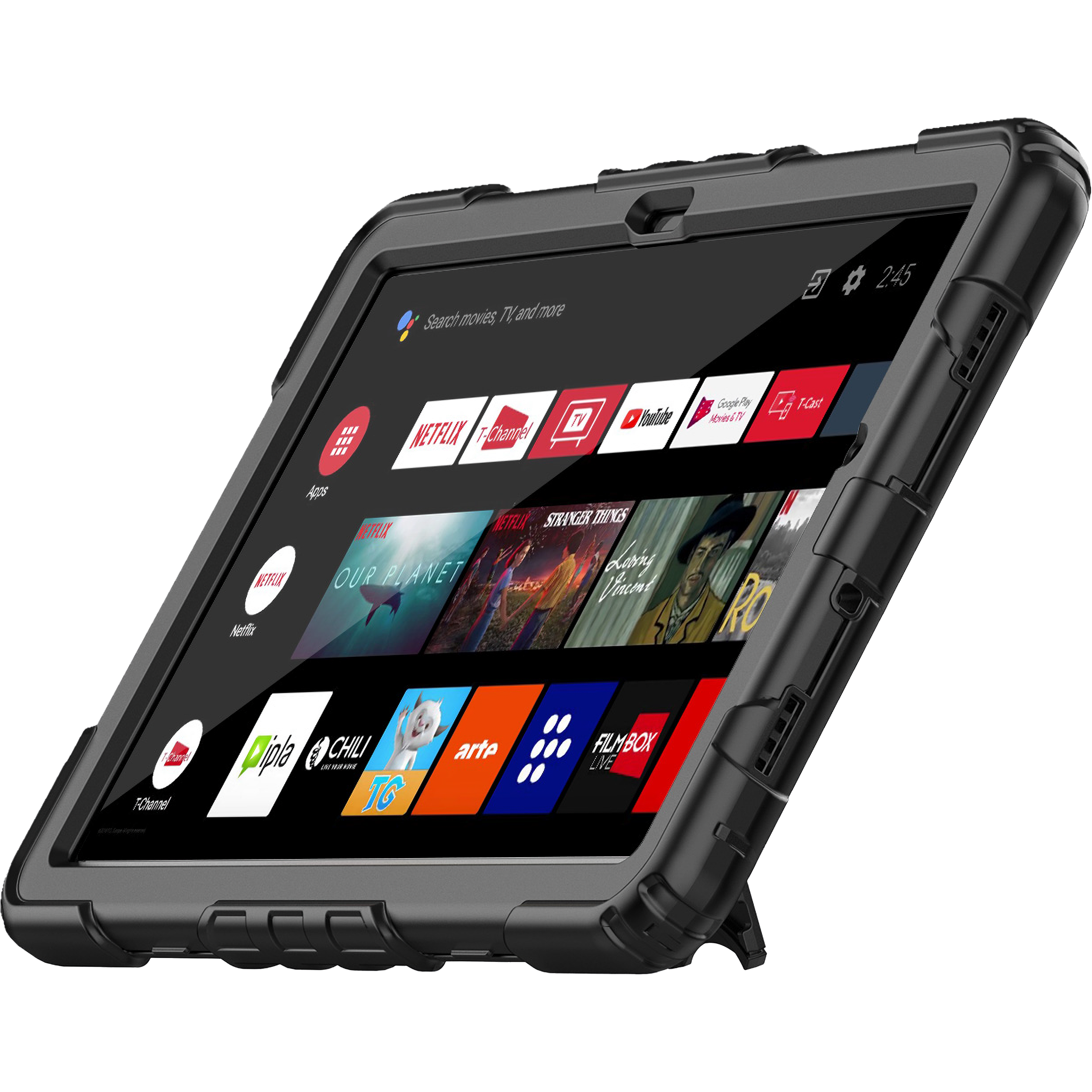 Ein Tablet in einer Schutzhülle zeigt eine Streaming-Dienst-Oberfläche an. Verschiedene App-Symbole sind auf dem Bildschirm sichtbar.