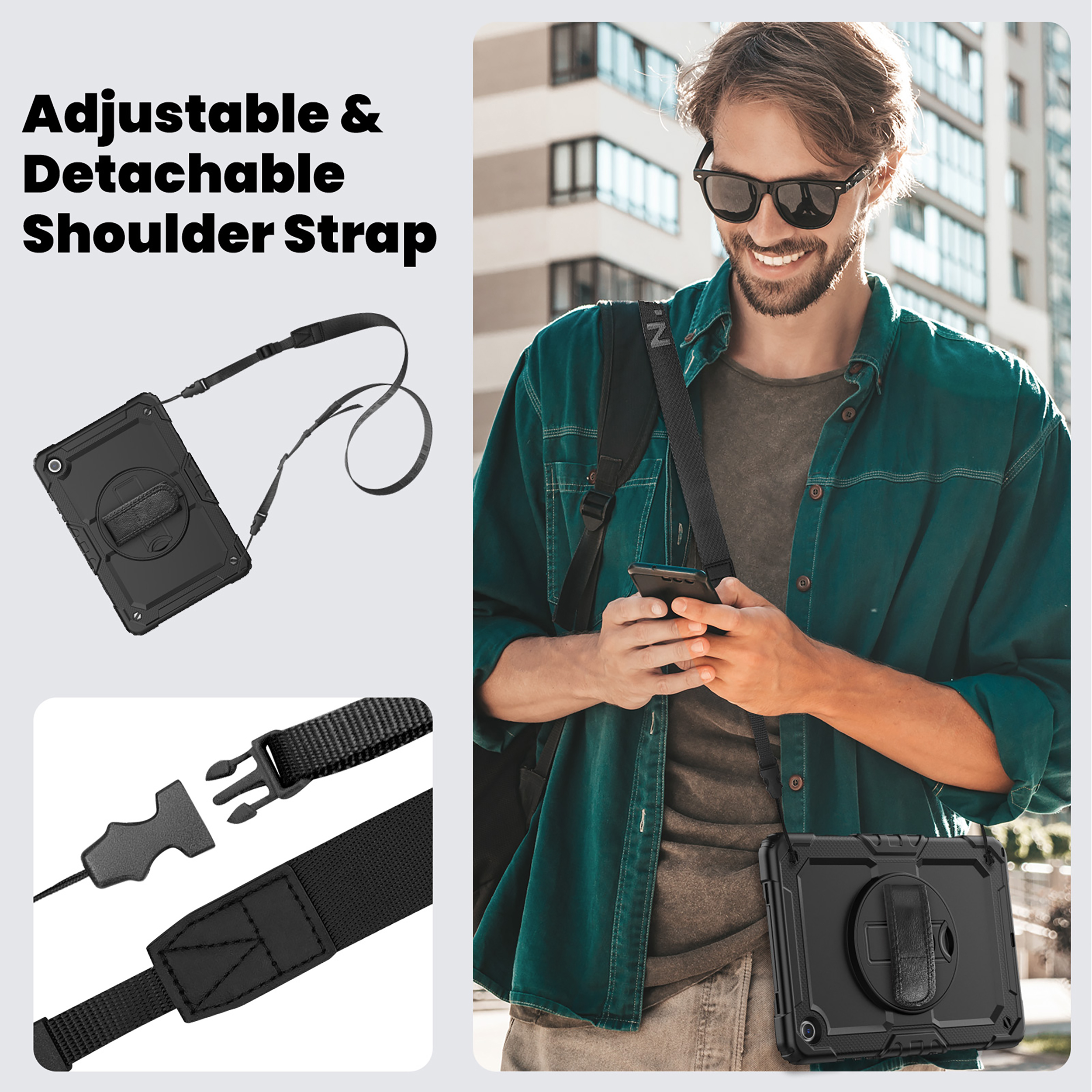 Mann mit Sonnenbrille und Tablet in einer Hülle mit Schultergurt. Text sagt verstellbarer und abnehmbarer Gurt.