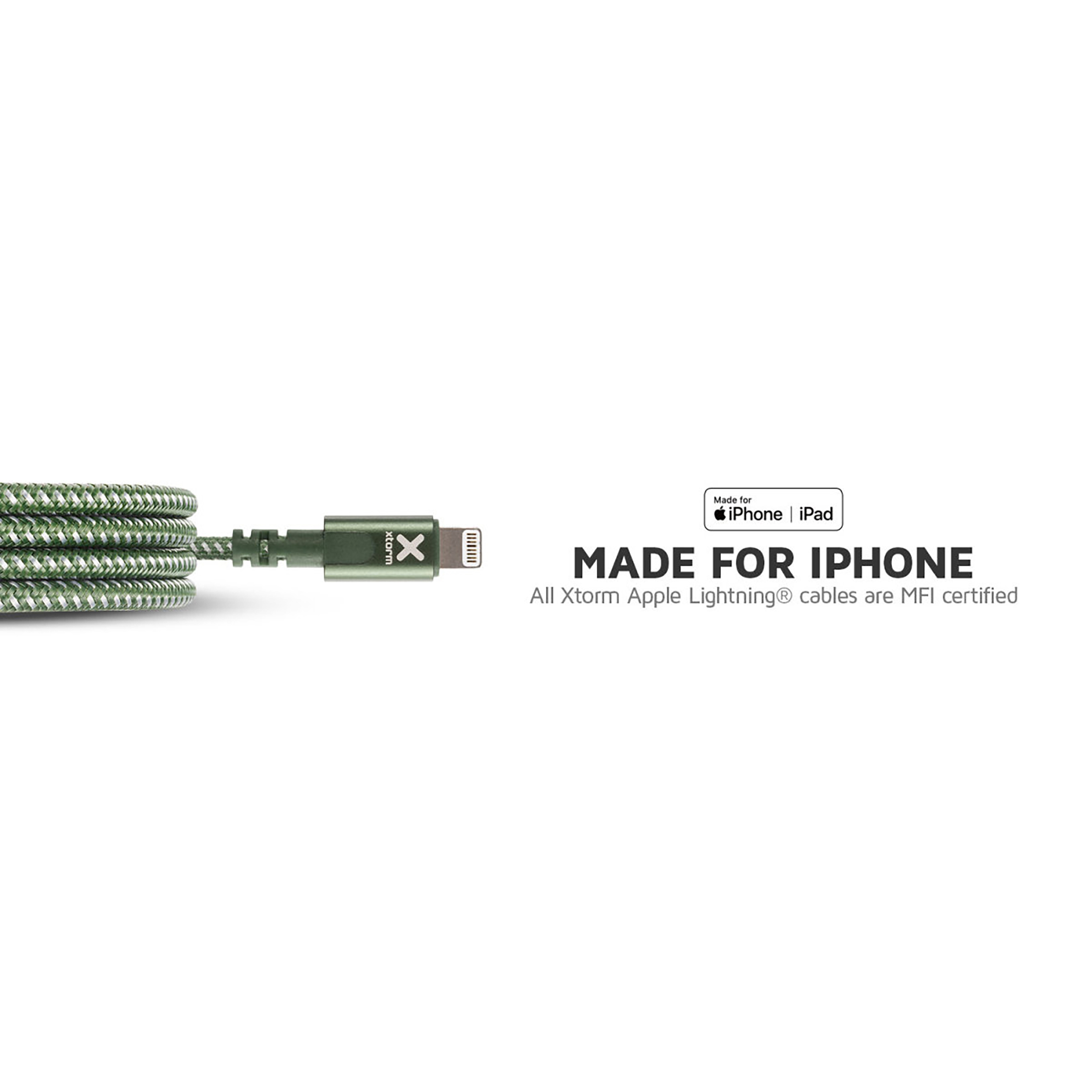 Un cavo di ricarica bianco e verde con un connettore verde etichettato 'Made for iPhone | iPad'.