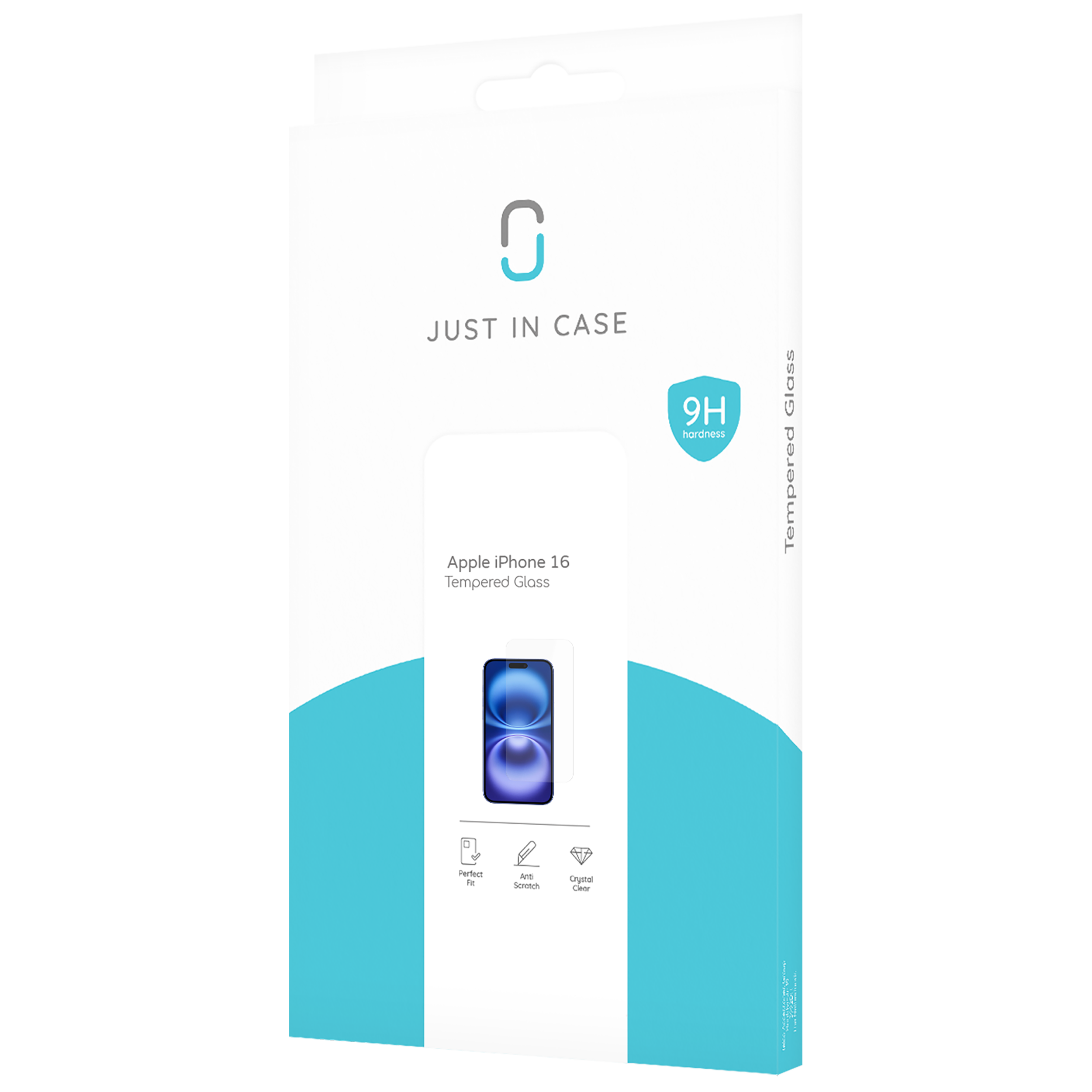 Weiße und blaue Schachtel mit Displayschutzfolie. Text 'JUST IN CASE' und '9H Härte'.