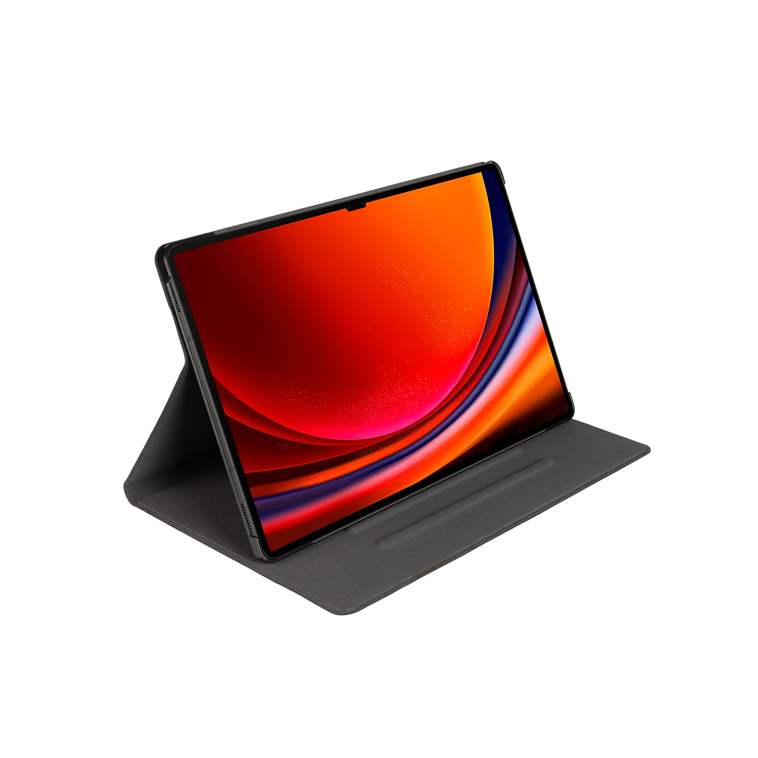 Tablet su un supporto. Il tablet ha un display rosso e arancione.