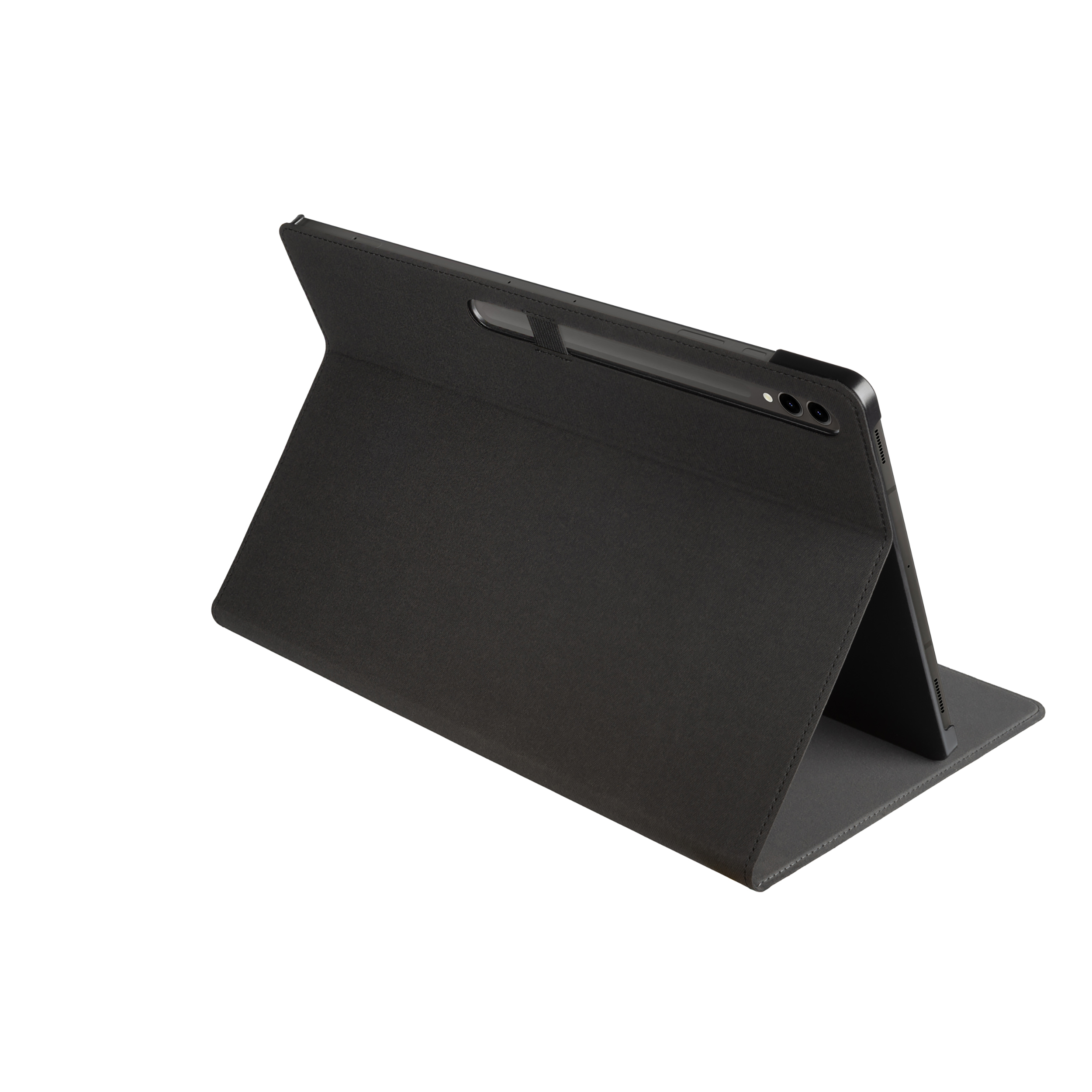 Una custodia per tablet nera con supporto, posizionata su uno sfondo bianco.